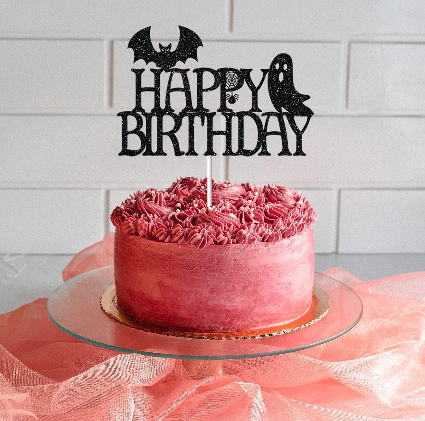 CAVLA Decoración negra con purpurina para tarta de cumpleaños de Halloween con decoración de pastel de cumpleaños de Halloween con murciélago,
