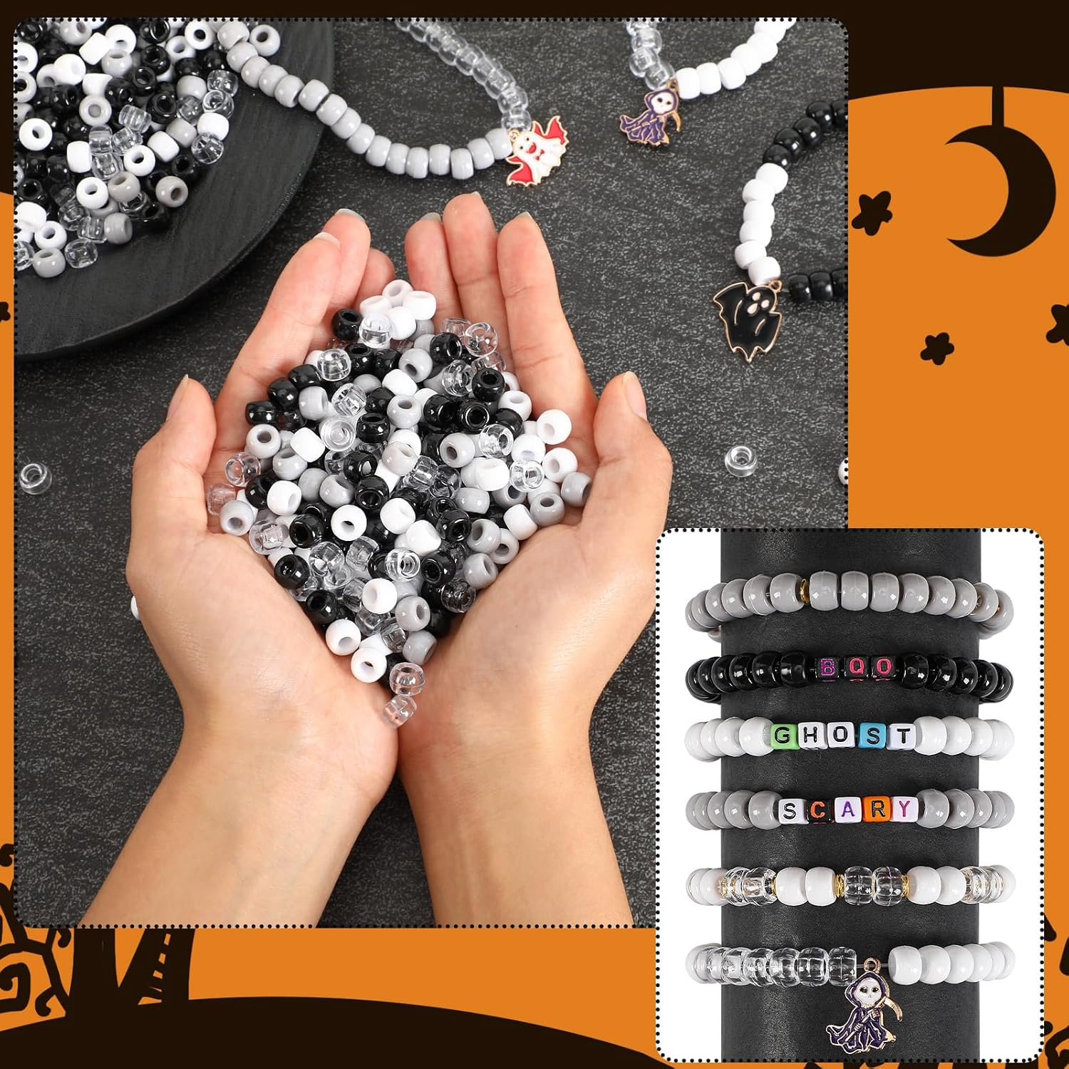 UPINS 1200 cuentas de poni a granel en negro, blanco, gris, transparente, redondas, de plástico para hacer joyas, cuentas para el cabello,