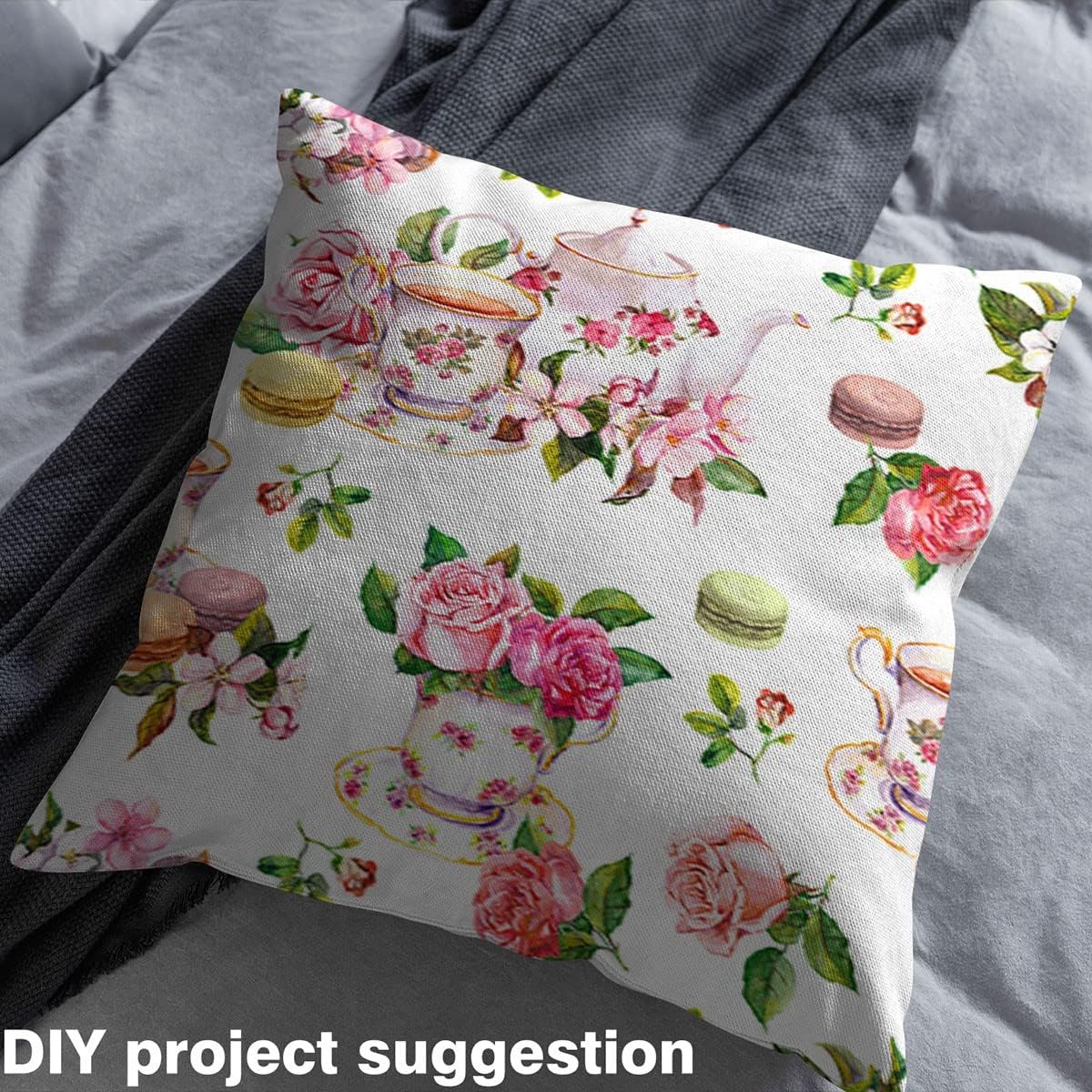 Feelyou The Yard, tela floral de flor de cerezo, tazas de té de acuarela, tartas de macarrón, tela de tapicería para sillas y proyectos de bricolaje