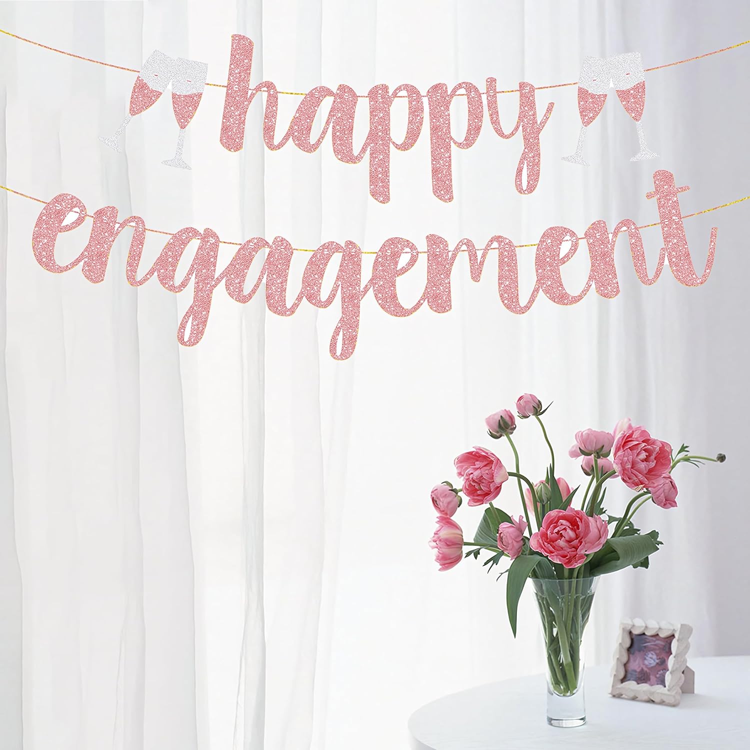 Cartel de compromiso feliz con purpurina de oro rosa, ideal para decoraciones de bodas y fiestas de compromiso, despedidas de soltera y celebrar a
