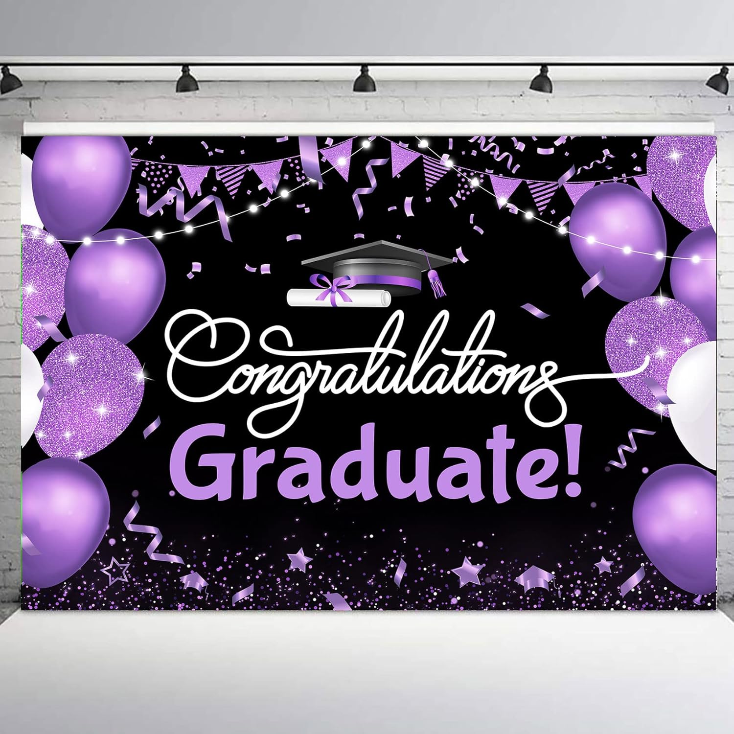 Telón de fondo de graduación de 7 x 5 pies para sesión de fotos, globo negro y morado, felicitaciones de graduados de clase de 2023, felicitaciones,