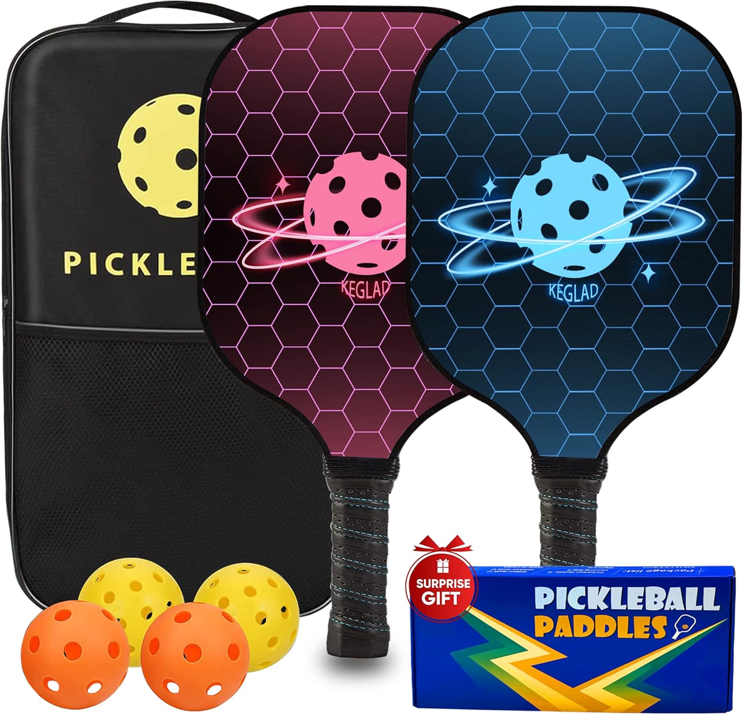 Pickleball Paddles, Graphite Pickleball Paddles Set of 2, Lightweight Pickleball Set with 4 Pickleball Balls and 1 Carrying Bag, Pickleball Rackets