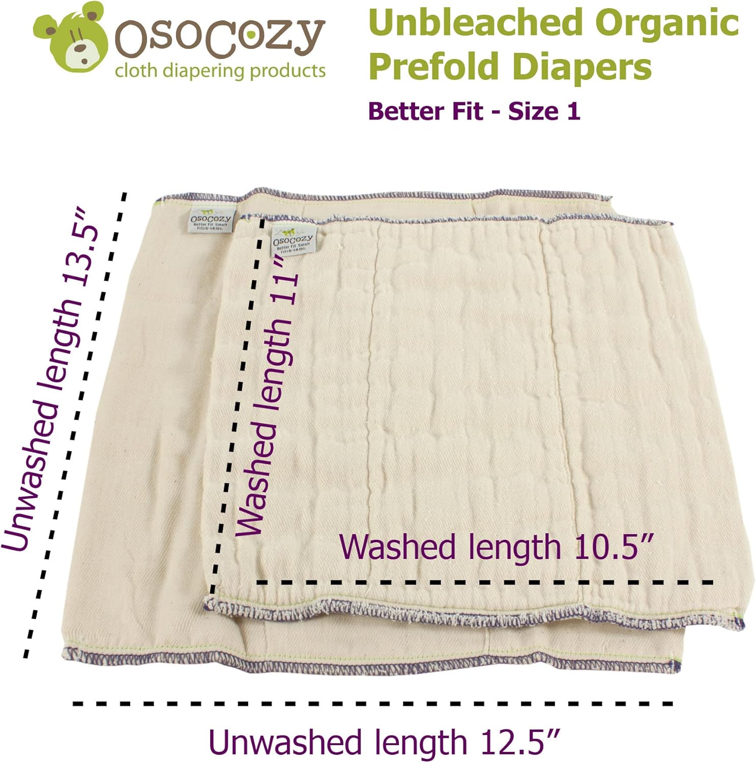 OsoCozy Pañales de tela preplegados de algodón orgánico que mejor se ajustan a capas de 4 x 8 x 4 pulgadas (6 unidades)  Supersuaves, gruesos,