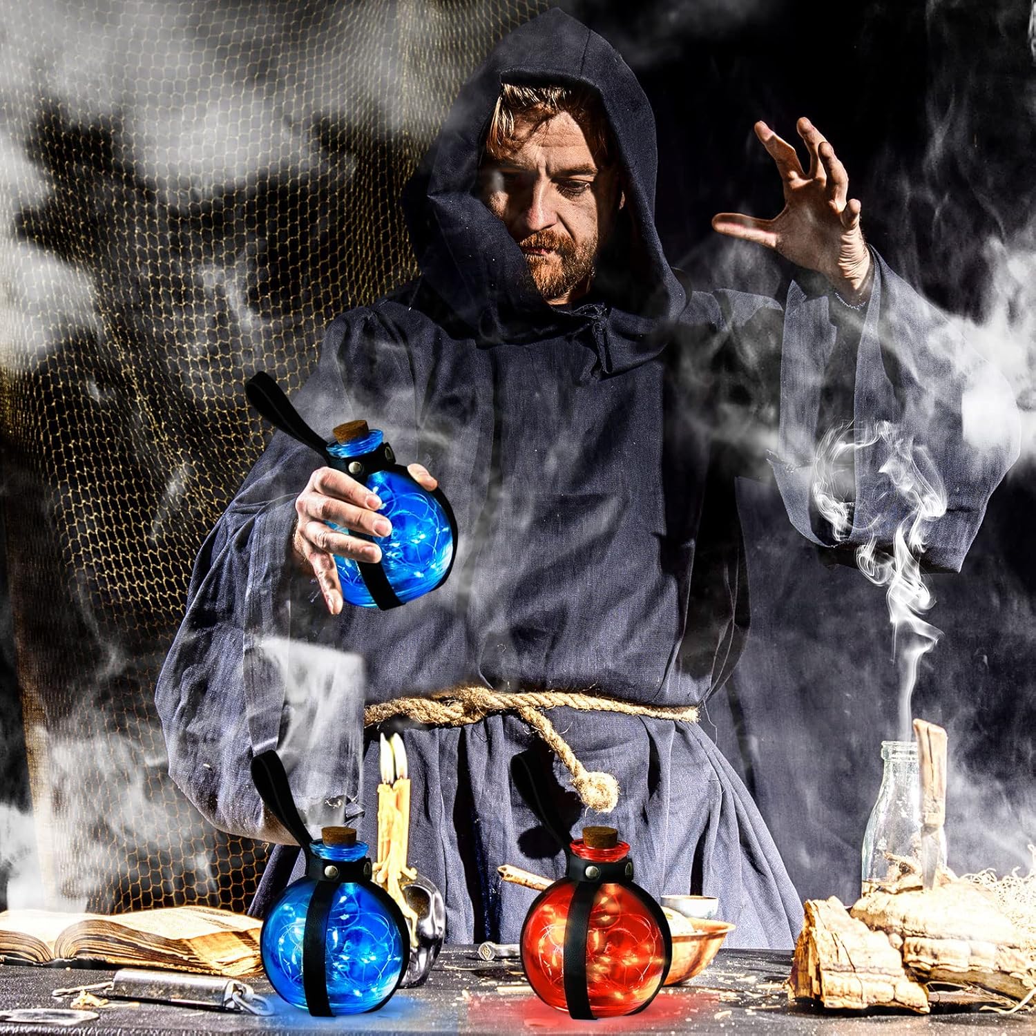 2 botellas de poción de corcho para cosplay, accesorios de mago, pociones de cristal con cinturón de piel sintética, accesorios de bruja, botella de
