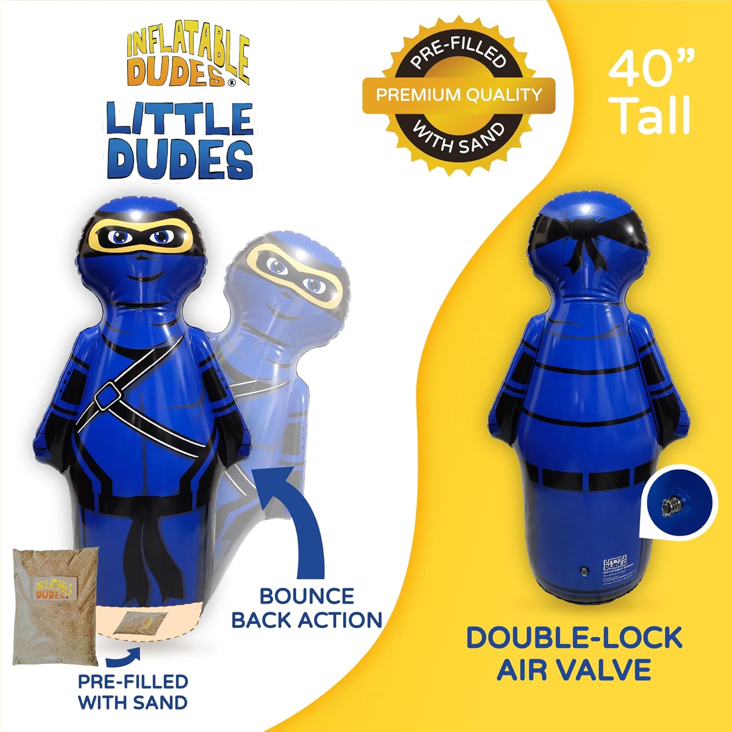 INFLATABLE DUDES Pequeño ninja de 40 pulgadas – Saco de boxeo para niños  Ya lleno de arena  Bolsa Bop  Juguete inflable de boxeo  Acción de rebote