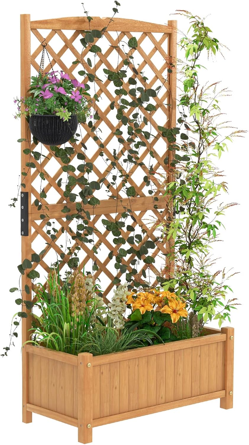 Safstar – Cama de jardín elevada con enrejado, contenedor elevado de madera para interiores y exteriores, con enrejado en forma de diamante y