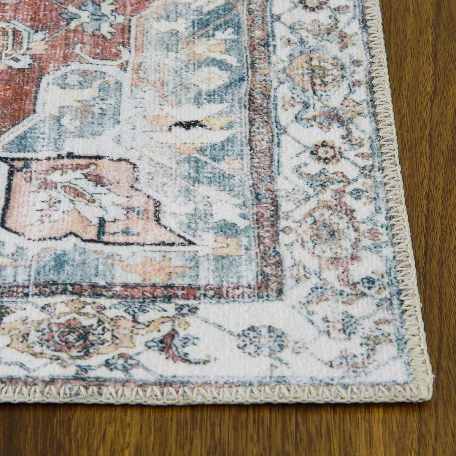 Alfombra vintage de 4 x 6 con estampado floral oriental para sala de estar, dormitorio, lavable a máquina, alfombra de pelo bajo, antideslizante y
