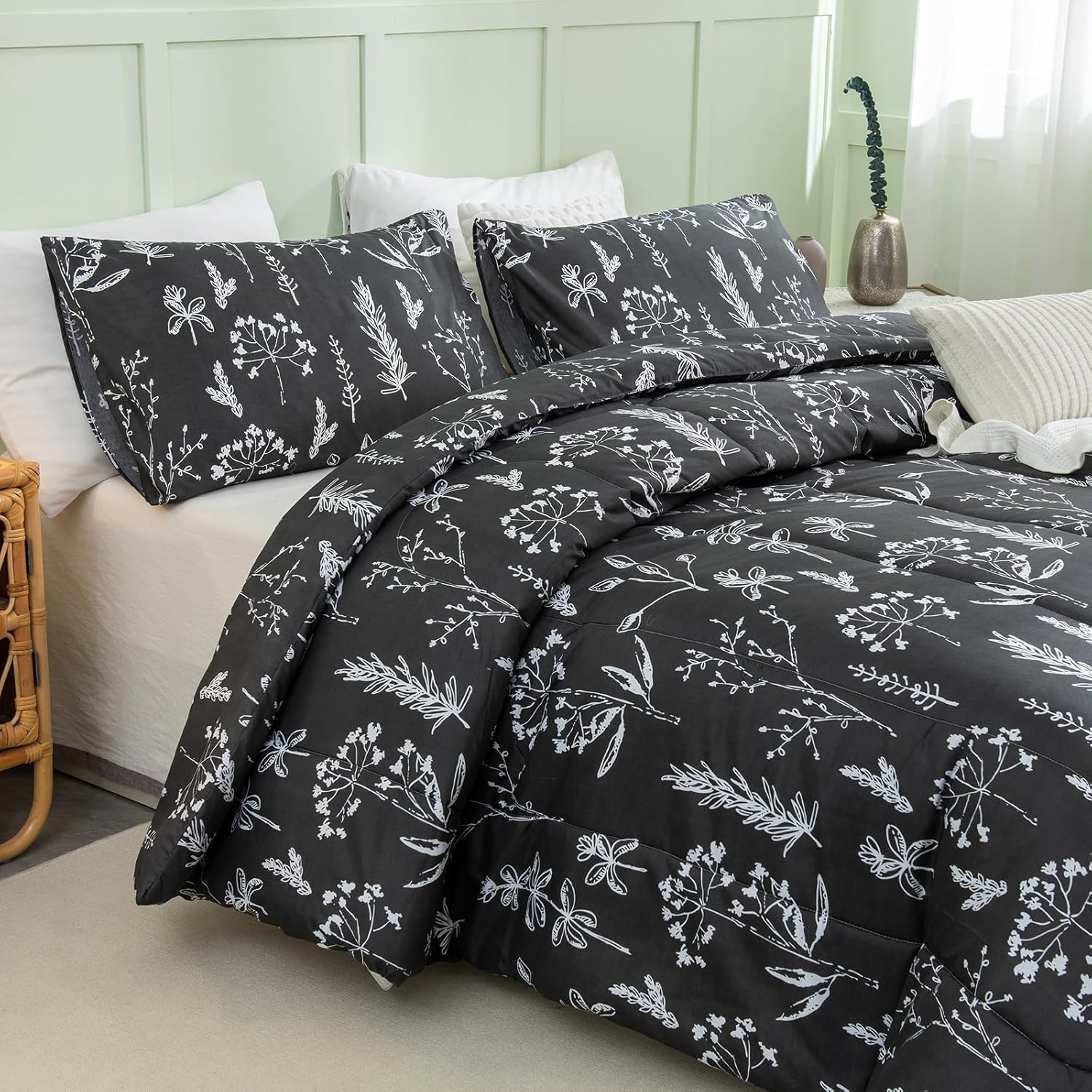 Herside Juego de edredón floral negro tamaño Queen, juegos de ropa de cama de granja, edredón floral suave y ligero con plantas, juego de ropa de