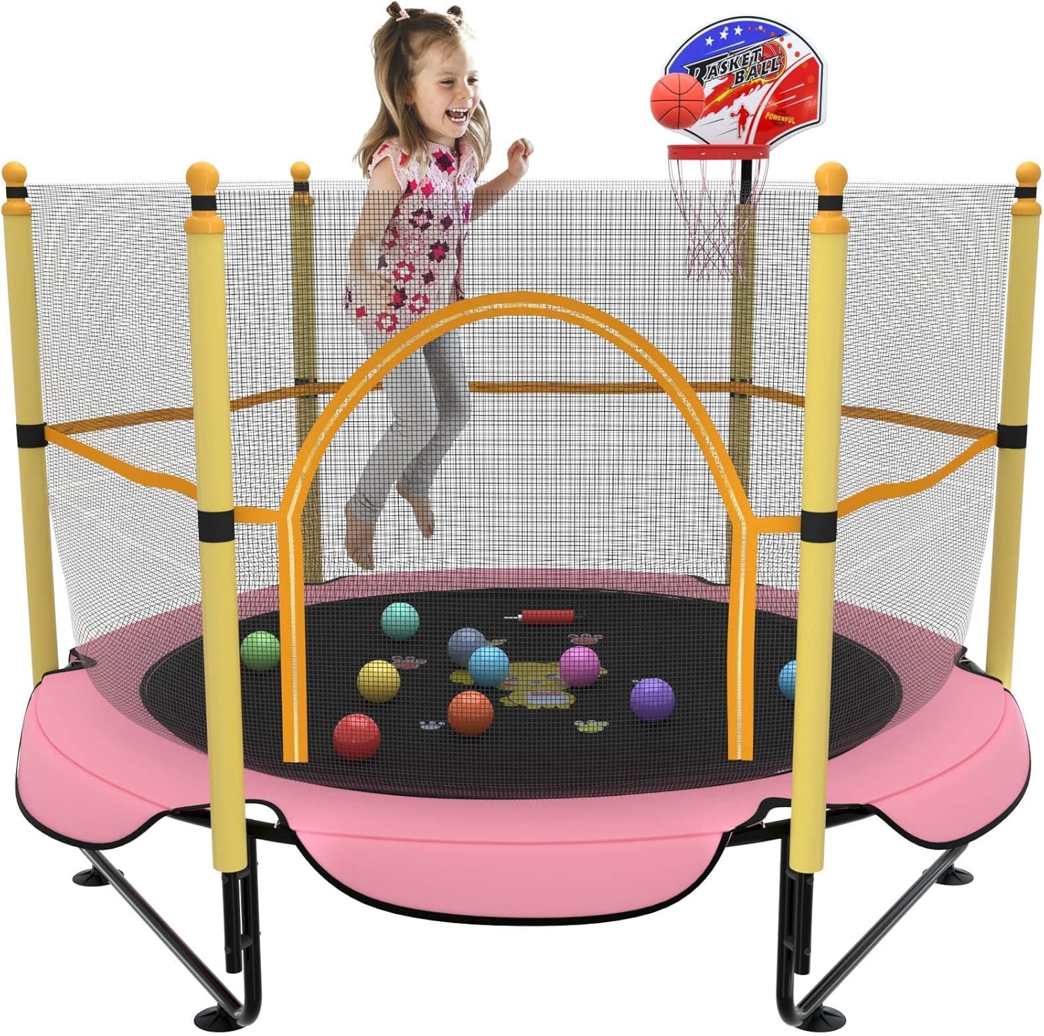 Kawuneeche Trampolín de 5 pies para niños pequeños con red de seguridad, mini aro de baloncesto, tapete de salto para equipo de entretenimiento en