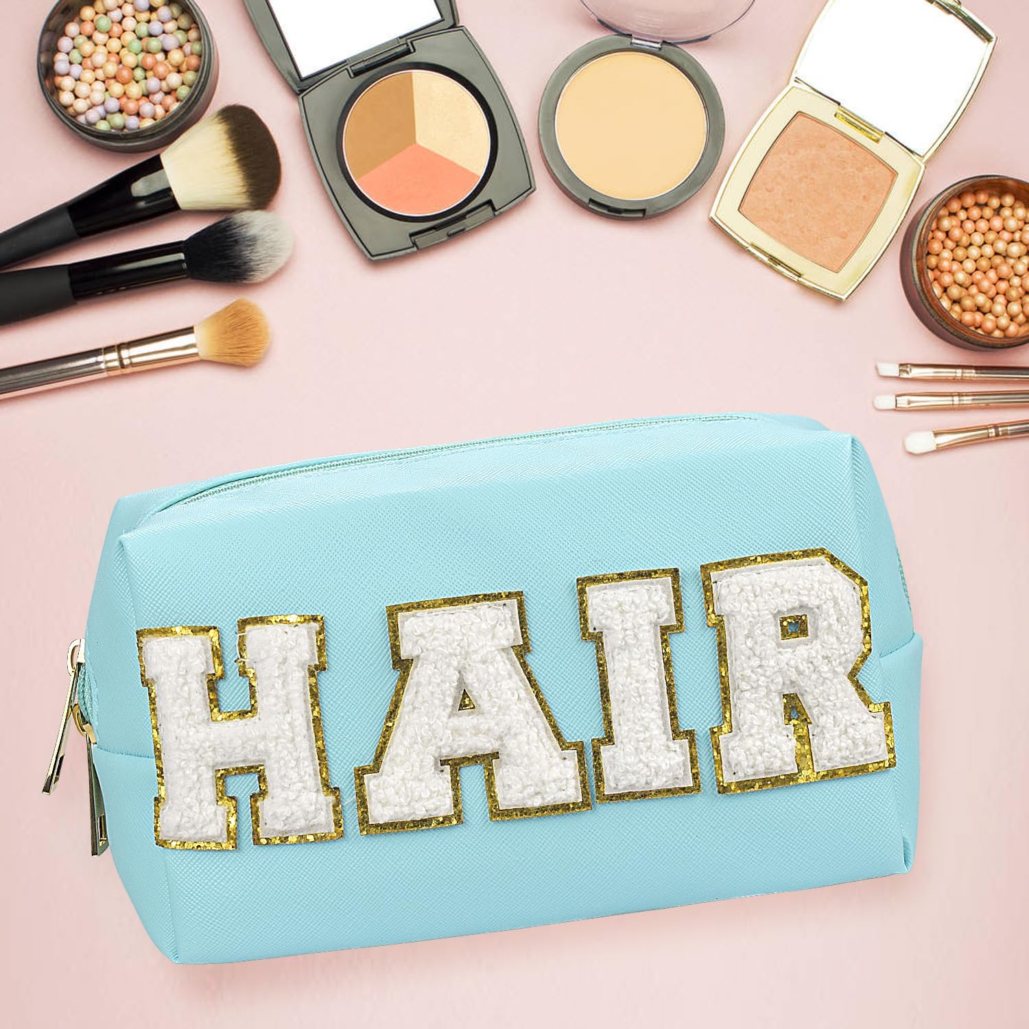 Bolsa de maquillaje de parche de piel sintética, portátil, impermeable, para cosméticos, uso diario, para mujeres y niñas, Pelo azul., Parche Preppy
