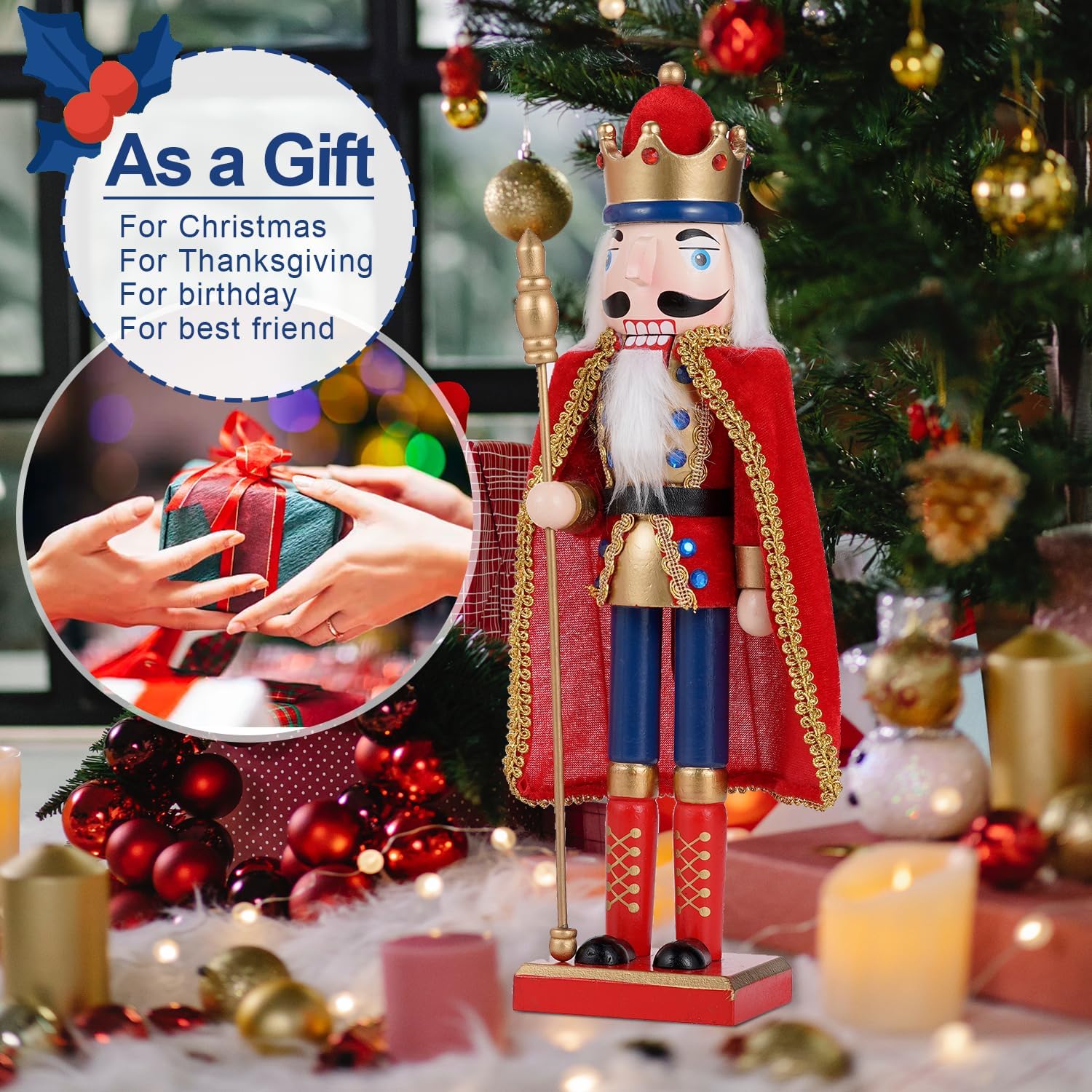 COMBIUBIU Decoraciones navideñas de 15 pulgadas, adornos de cascanueces de madera, soldado, muñeco de cascanueces de Navidad coleccionable festivo,