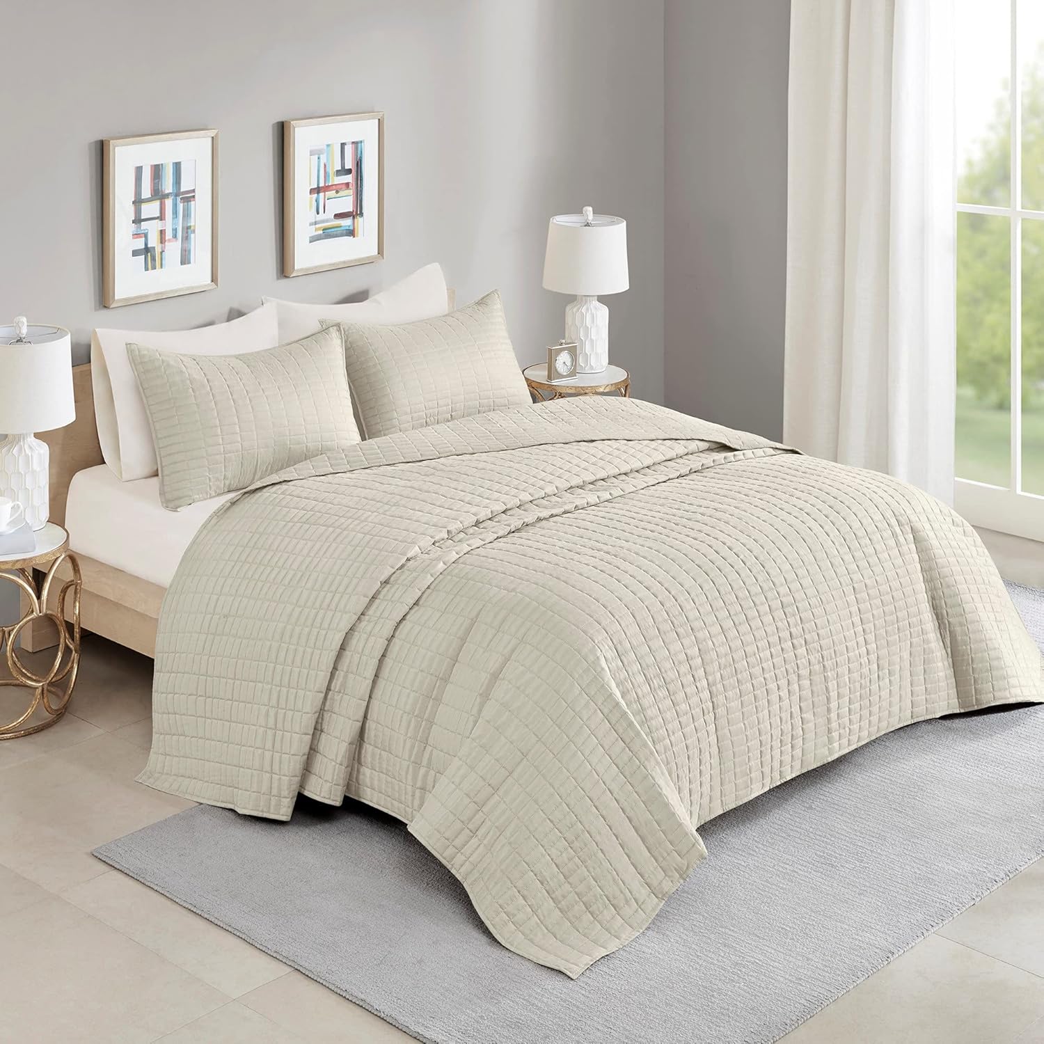 Comfort Spaces Edredón Queen para todas las estaciones, colcha de marfil con diseño de costuras de doble cara, manta de verano suave a juego,