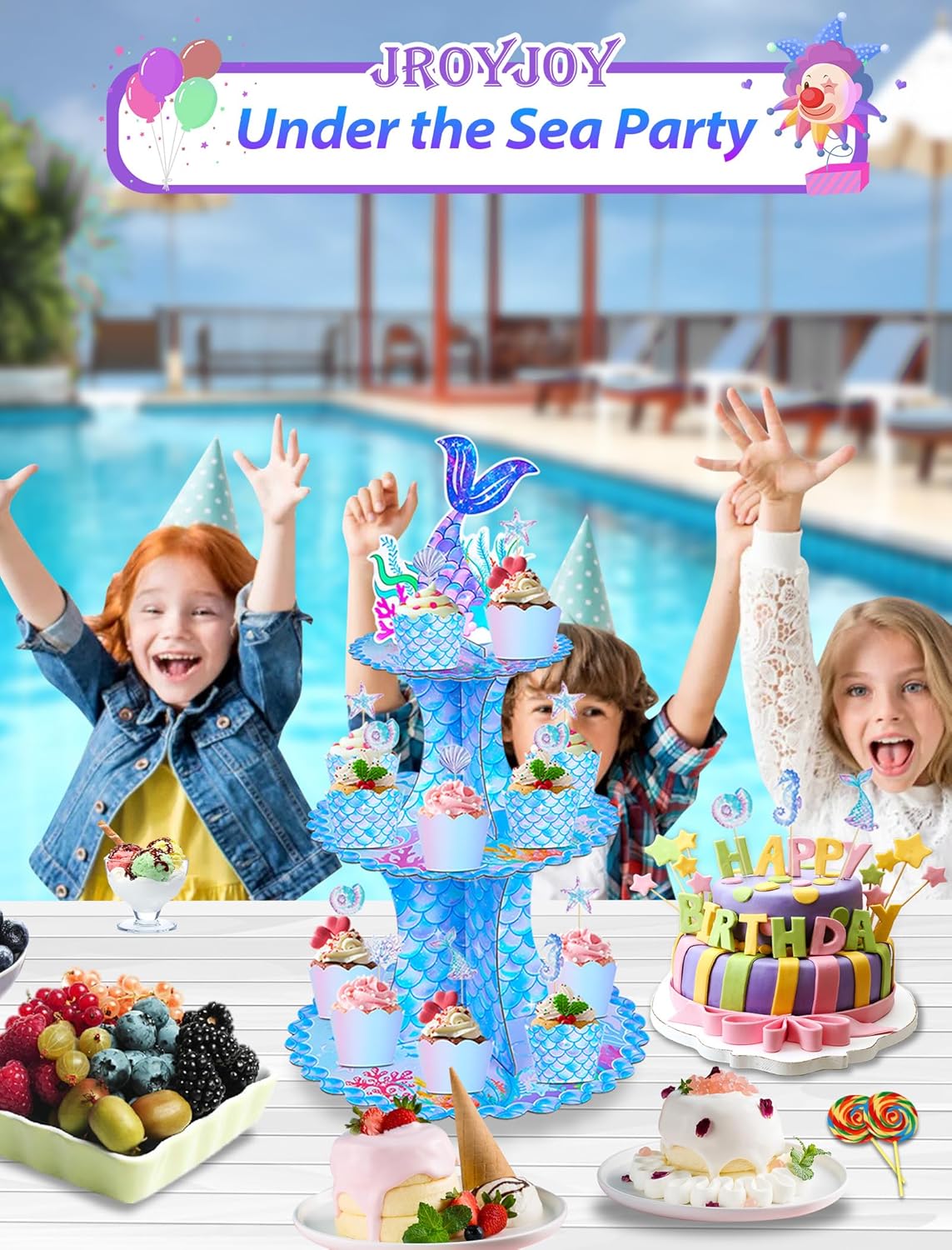 JroyJoy Soporte para cupcakes de sirena, 3 niveles con decoración de tartas y envoltorios de cupcakes y juego de pancartas de feliz cumpleaños,