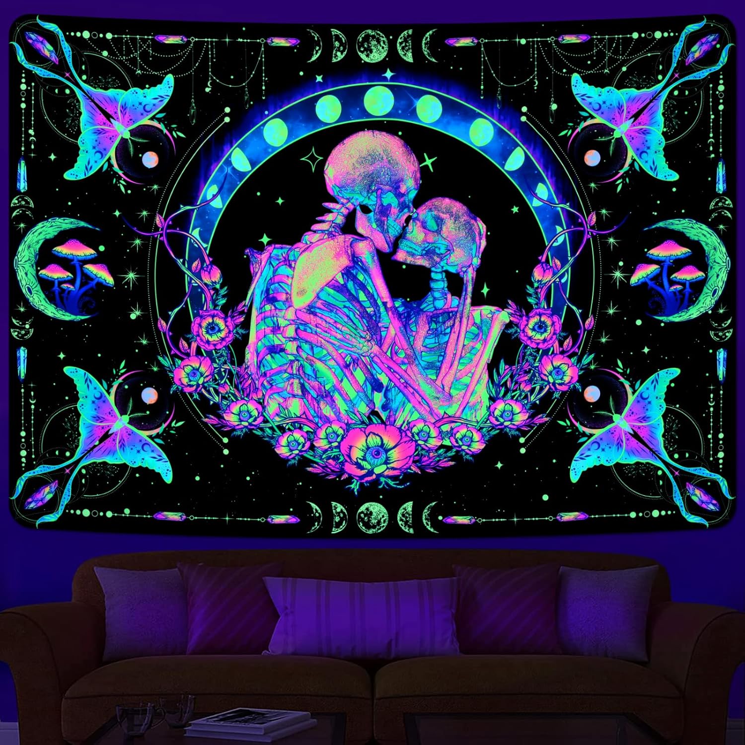 Uspring Tapiz de calavera de luz negra, tapices de fases lunares, tapiz hippie con mandala, polilla UV, tapiz para amantes de esqueletos, tapiz para