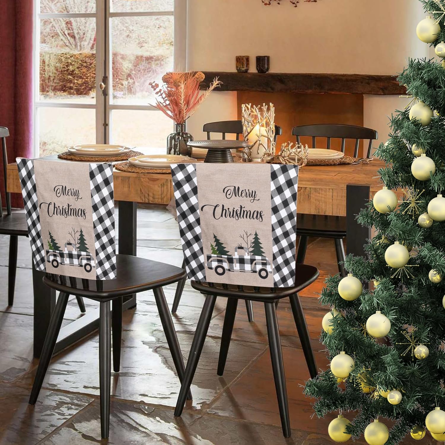 4 fundas para sillas de Navidad, de arpillera, búfalo, a cuadros, para automóvil, árbol de Navidad, decoración para Navidad, comedor, cocina,