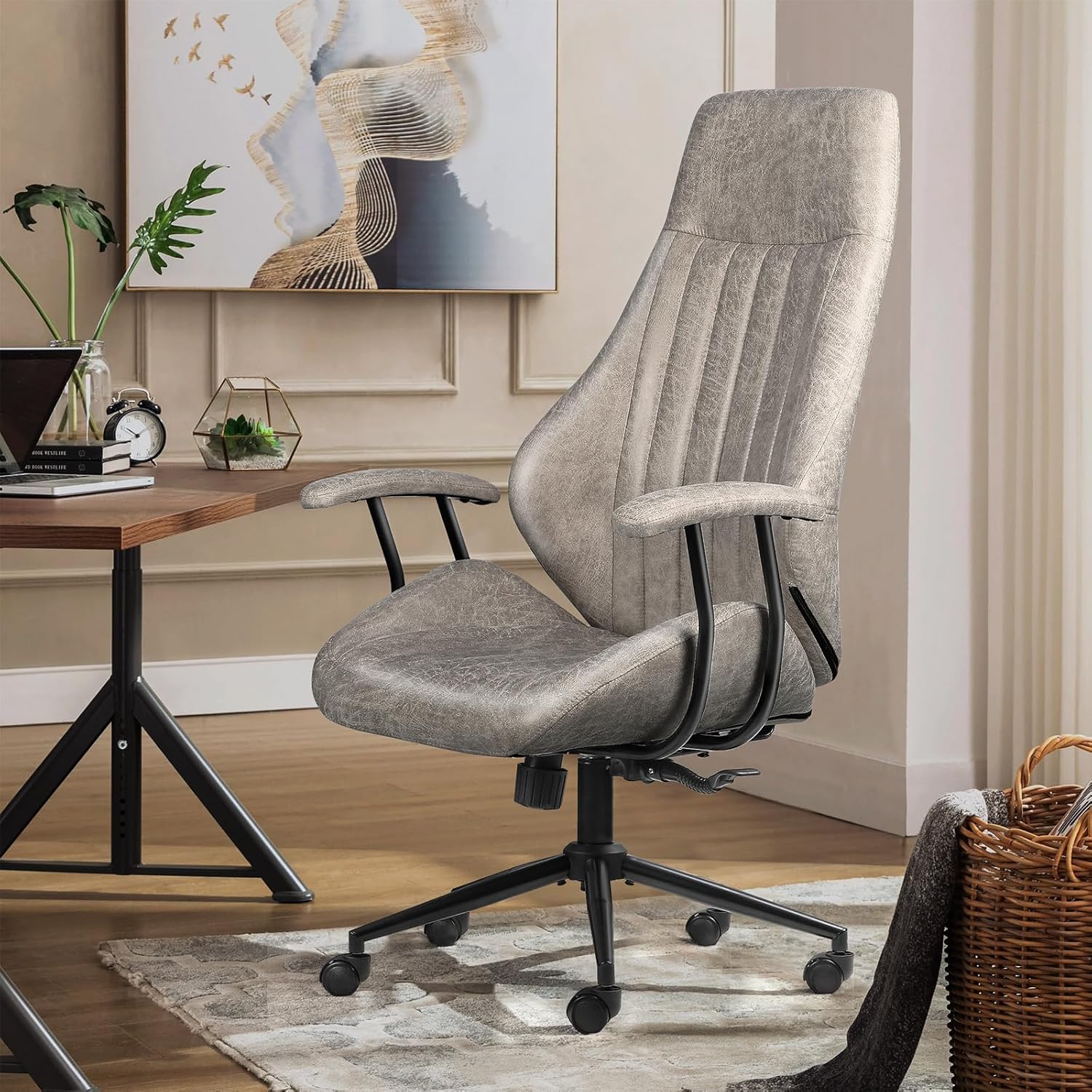 PUKAMI Morden Silla de oficina de cuero, silla de computadora, silla de escritorio ergonómica, silla de escritorio con respaldo alto, silla
