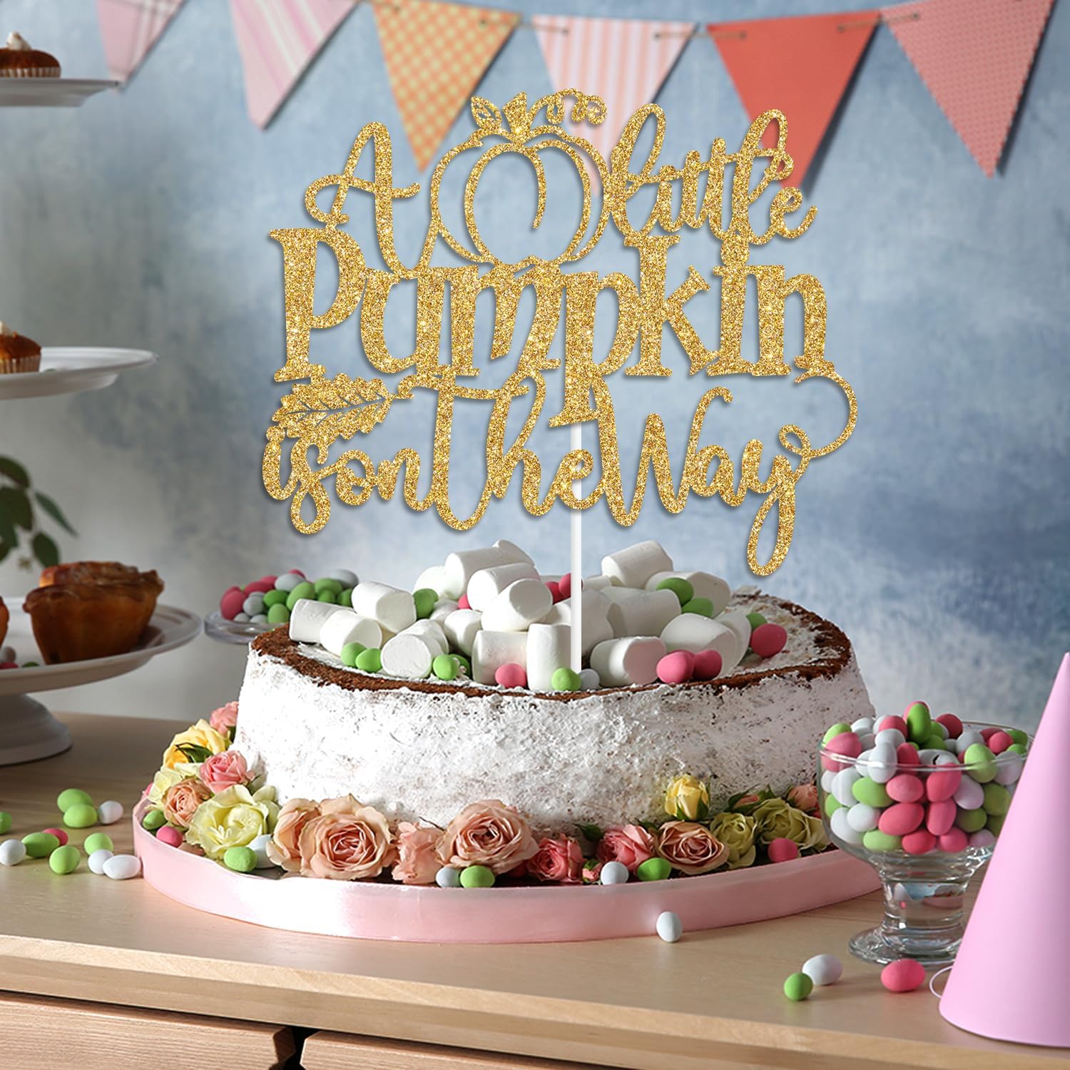 Decoración para tartas con purpurina dorada “A Little Pumpkin is on the Way”, dulce calabazacalabaza Oh BabyLittle Pumpkin, decoración de fiesta de