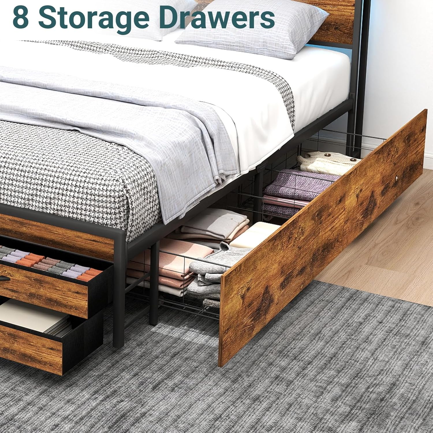 Base de cama tamaño Queen con 8 cajones de almacenamiento, cama de plataforma Queen resistente con cabecera y estribo de madera, diseño sin ruido,
