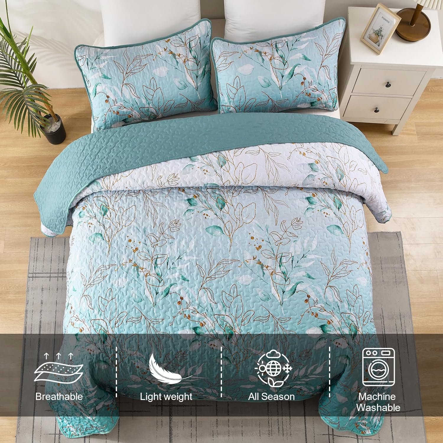 Aninbedding – Juego de edredón floral tamaño King, juego de colcha de 3 piezas con patrón botánico verde aguamarina para todas las estaciones, juego