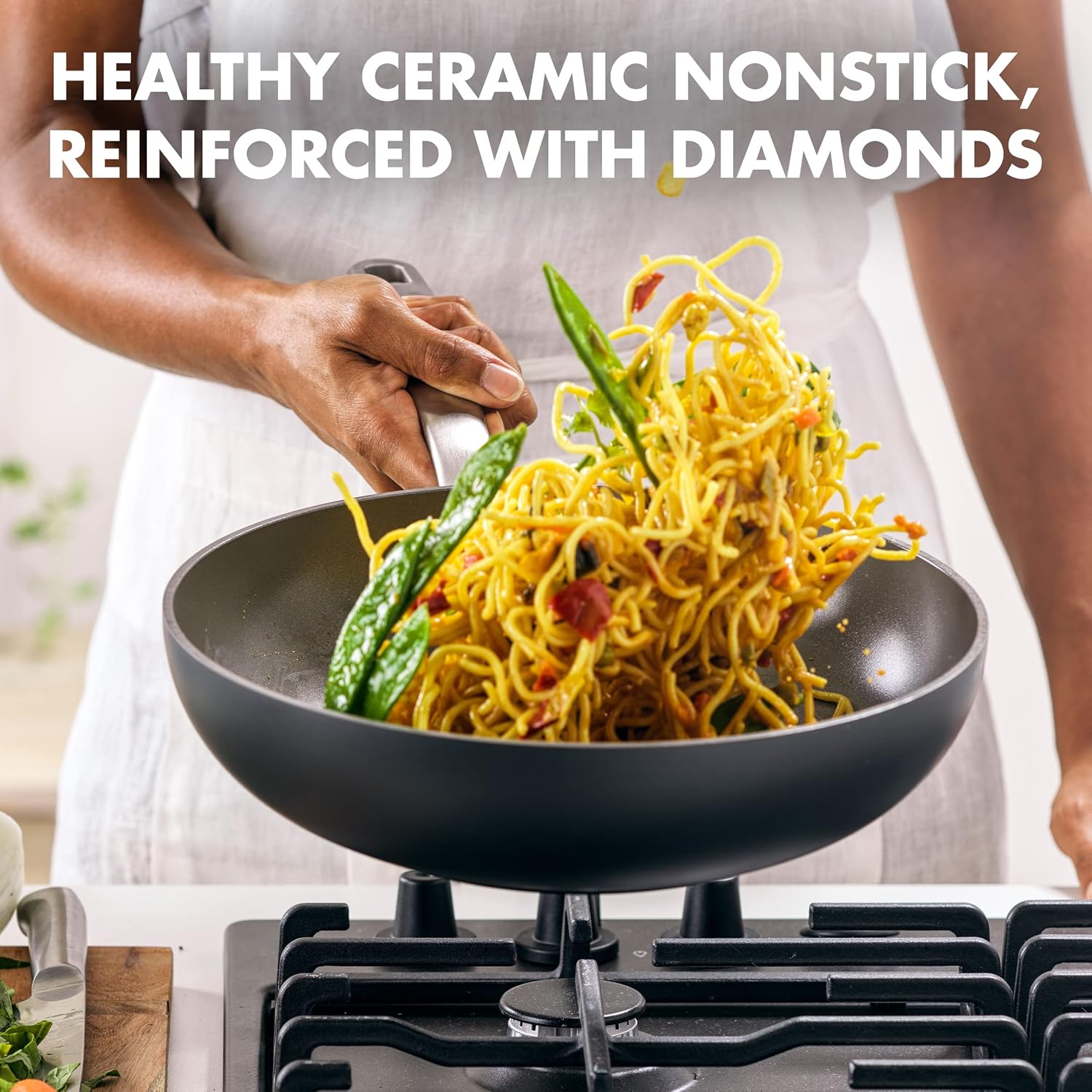 GreenPan Chatham – Wok antiadherente de cerámica saludable, 11 pulgadas, gris