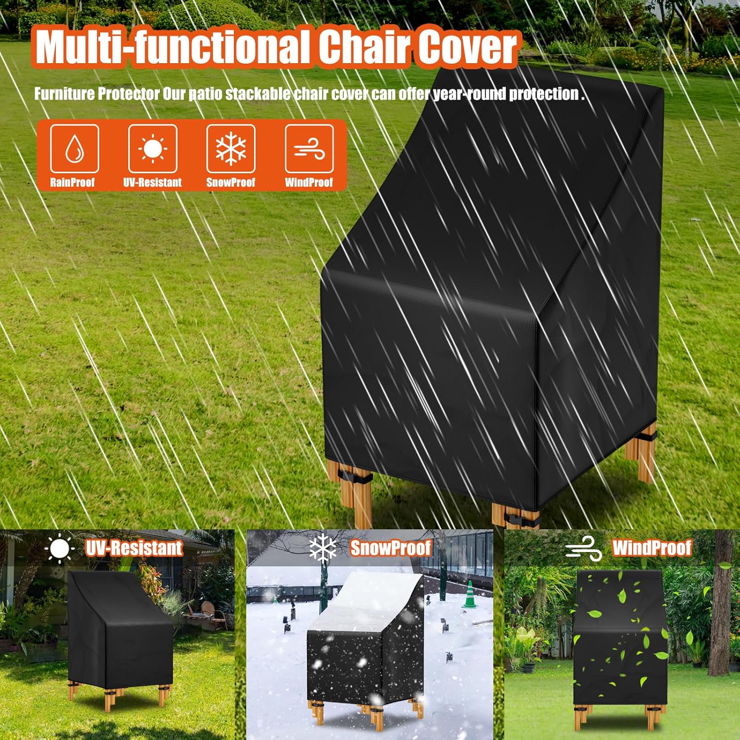 Likorlove Funda apilable para silla de patio, 28 pulgadas de ancho x 36 pulgadas de profundidad x 47 pulgadas de alto, impermeable, con respaldo