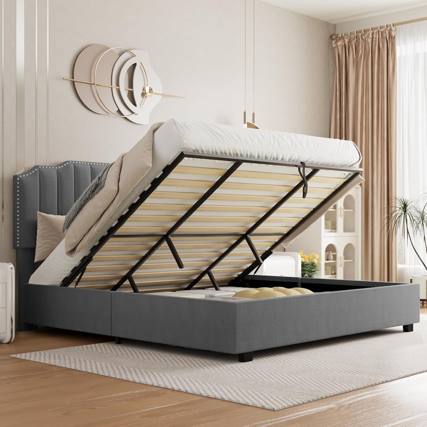 Harper & Bright Designs Cama de plataforma Queen con almacenamiento elevable, marco de cama de almacenamiento tapizado de terciopelo con cabecera y