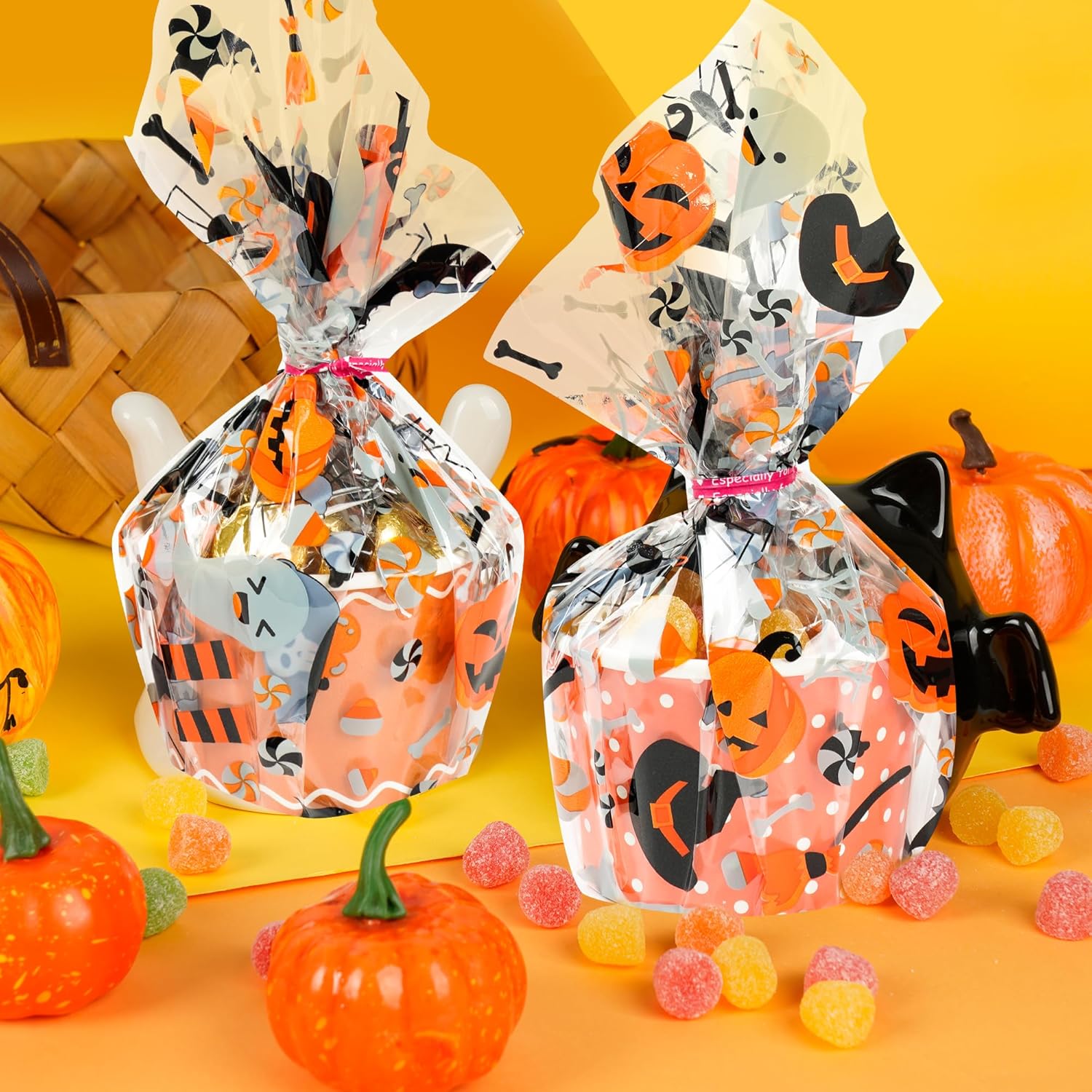 Rollo de celofán de Halloween de 100 pies x 32 pulgadas, 2.3 mil de grosor, bolsas de celofán transparentes con calabaza, fantasma, araña, celofán,