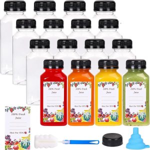 16 botellas de jugo de 8 onzas para jugos, botellas vacías reutilizables de plástico transparente con tapas negras para jugos, agua, licuados, 16 botellas de jugo de 8 onzas para jugos, botellas vacías reutilizables de plástico transparente con tapas negras para jugos, agua, licuados,