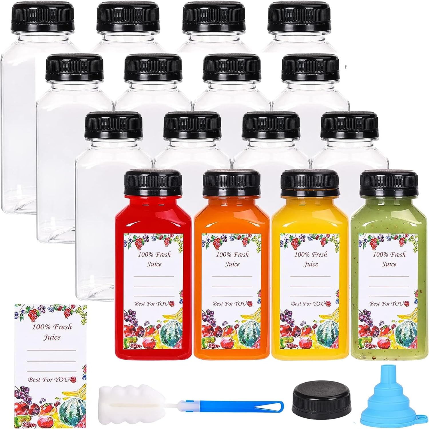 16 botellas de jugo de 8 onzas para jugos, botellas vacías reutilizables de plástico transparente con tapas negras para jugos, agua, licuados,