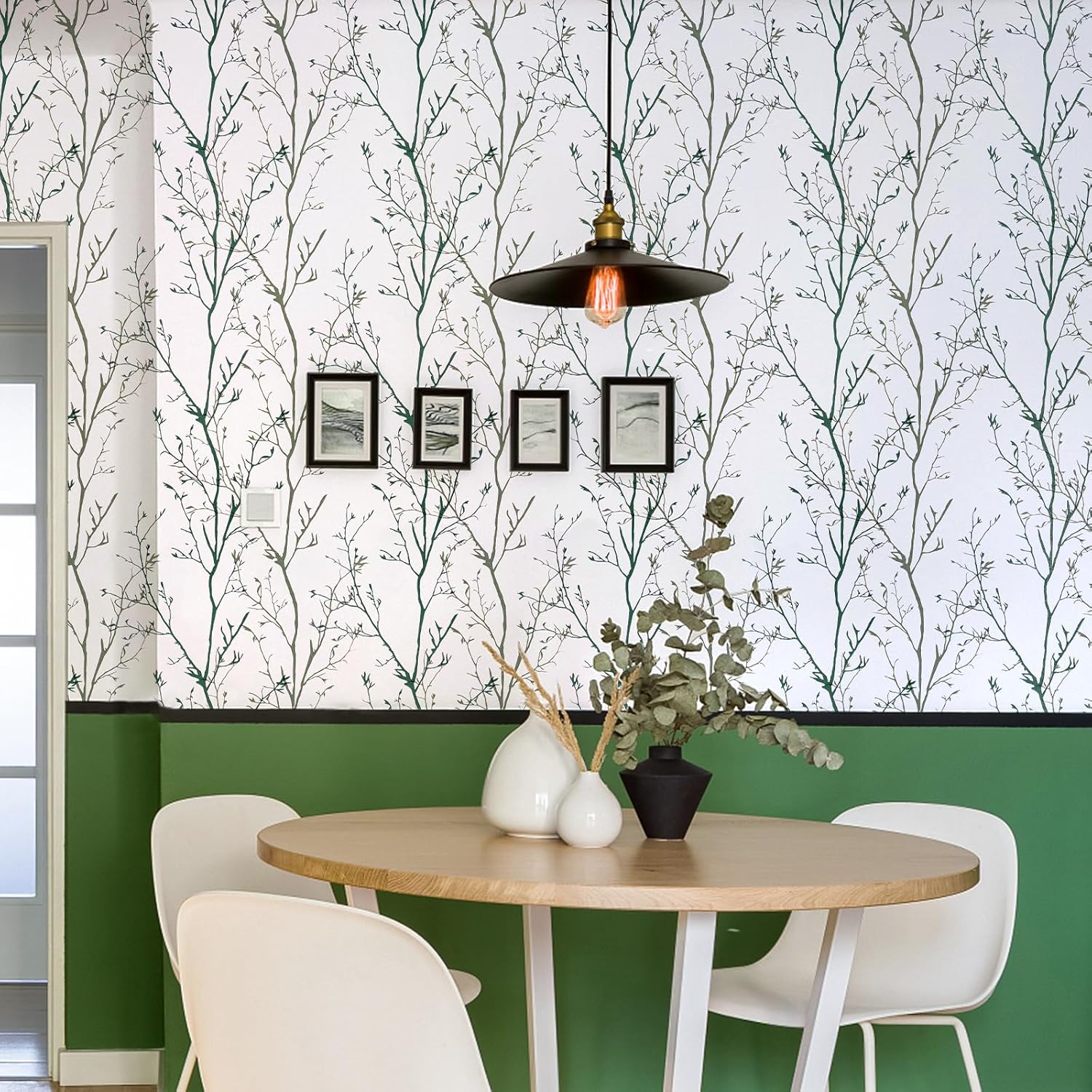 Melwod Papel tapiz de ramas de árbol verde, 17.7 x 472 pulgadas, papel tapiz moderno de ramas de árbol, papel tapiz floral, autoadhesivo, extraíble,