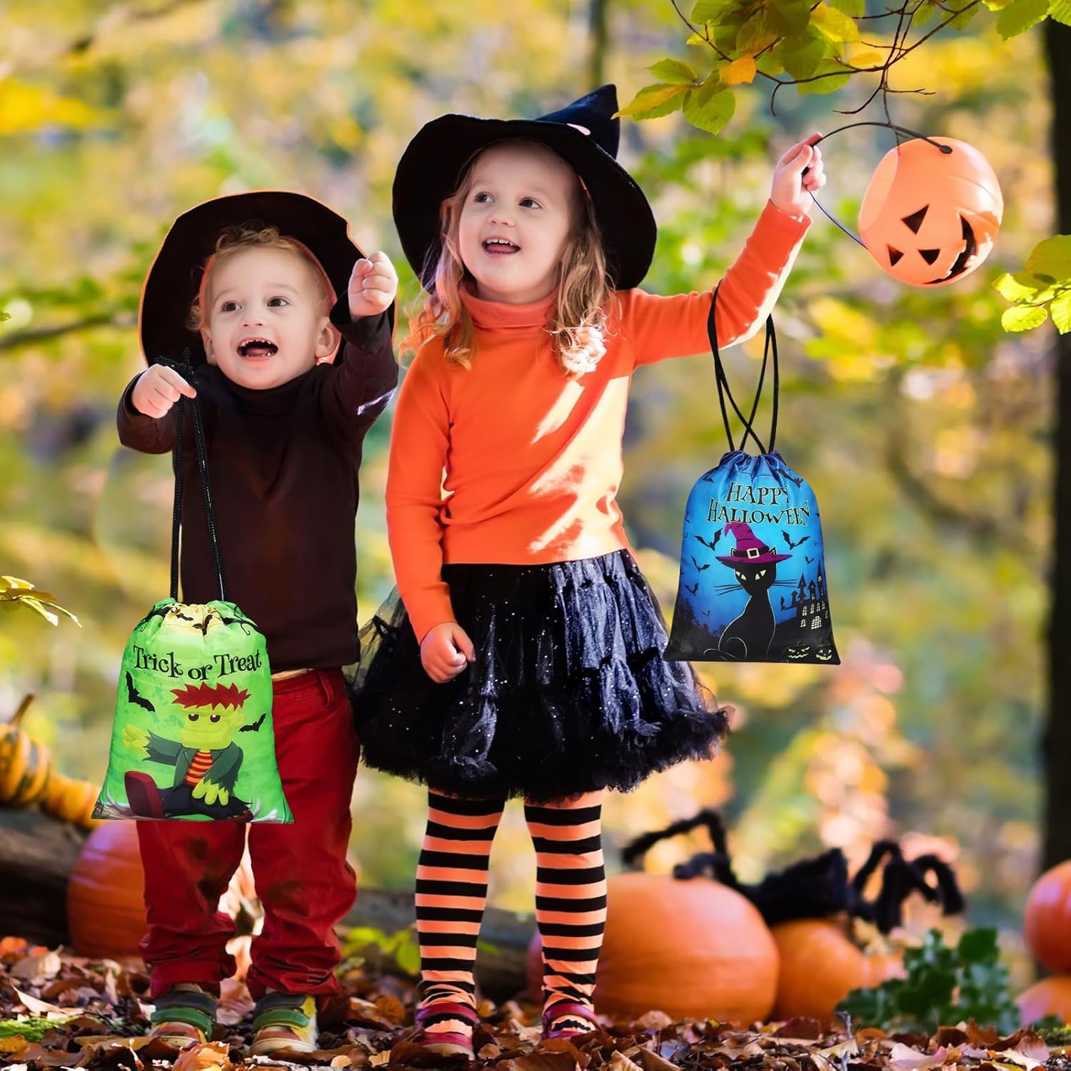 Honoson Bolsas de recuerdo de fiesta de Halloween, 24 bolsas de regalo con cordón, bolsas de poliéster de araña, bolsas temáticas de Halloween para