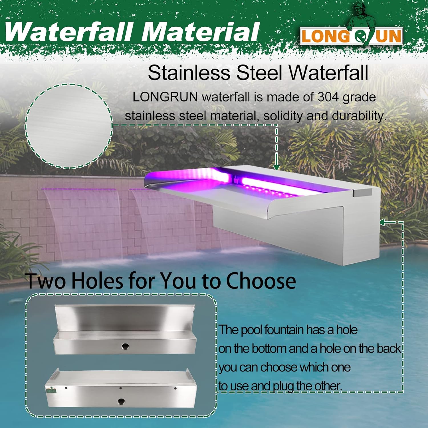 LONGRUN Cascadas de estanque de acero inoxidable con luz LED que cambia de color, fuente de piscina al aire libre, kit de cascada para jardín,