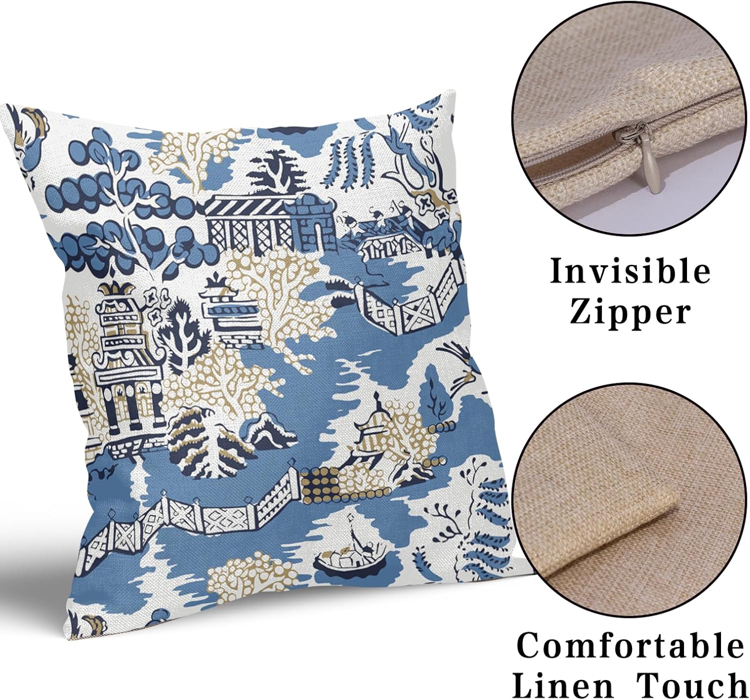 Granbey Chinoiserie – Juego de 2 fundas de almohada elegantes asiáticas escénicas de 18 x 18 pulgadas, pagoda azul marino y blanco, fundas de