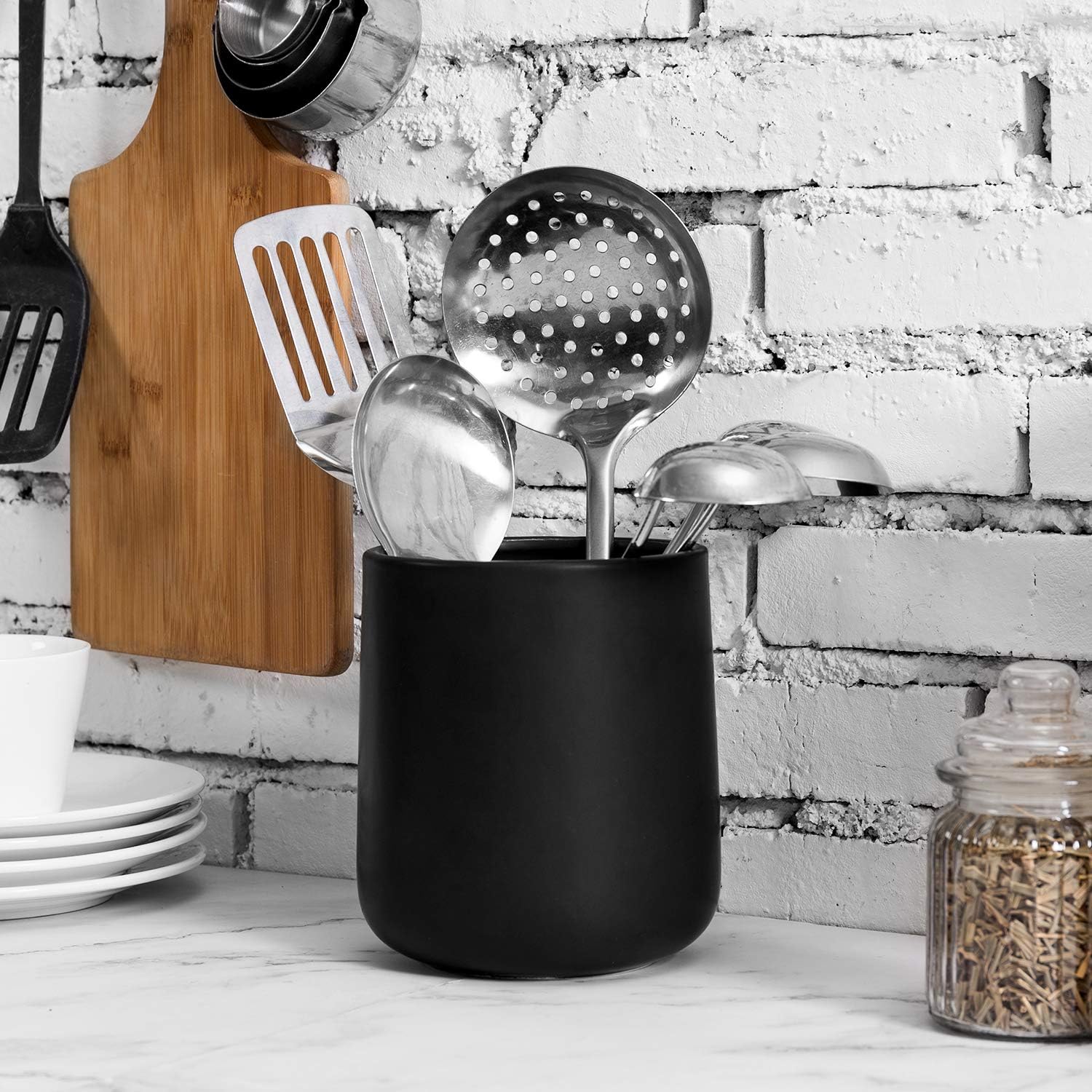 MyGift Soporte para utensilios de cocina negro mate con base redondeada, organizador de utensilios de cocina de cerámica moderno de 6 pulgadas para