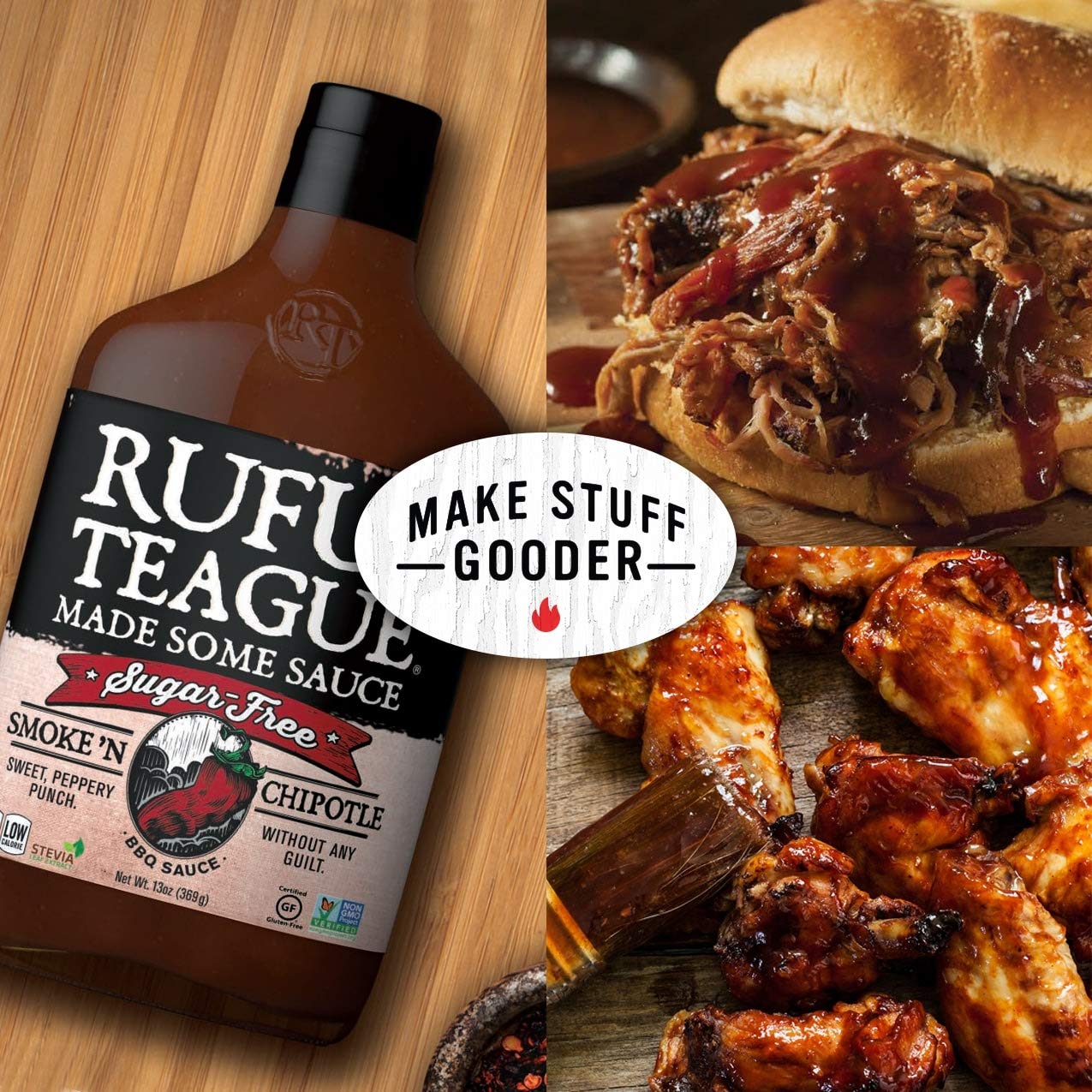 Rufus Teague – Salsa BBQ sin azúcar Smoke ‘N Chipotle – Salsa barbacoa premium – Botellas de 12.25 onzas – Paquete de 2