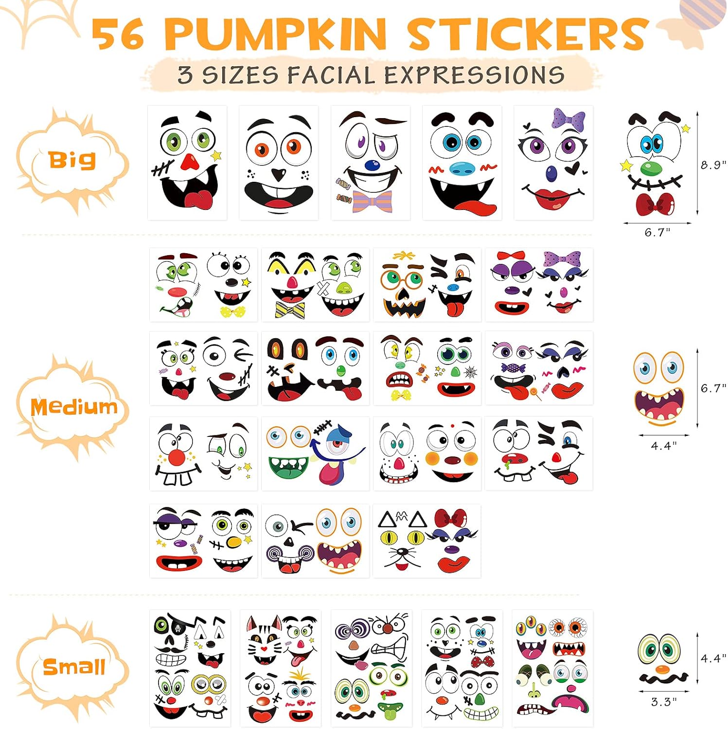 Calcomanías decorativas de calabaza de Halloween, 26 hojas, 56 calcomanías faciales en total, kit de manualidades de pintura de calabaza, decoración