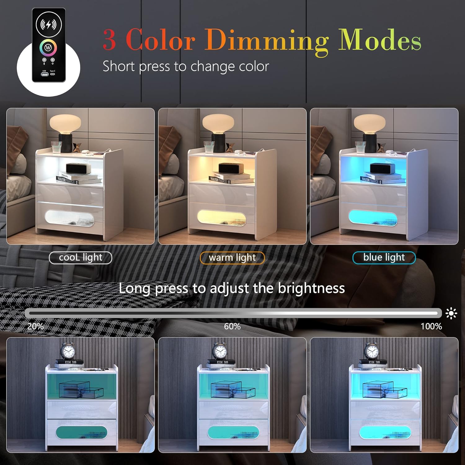 dnbss Mesita de noche LED RGB con estación de carga, moderna mesita de noche con cajones de almacenamiento de joyas, soporte de noche inteligente