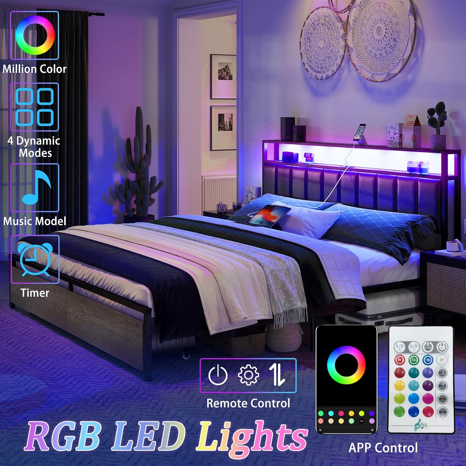 AMERLIFE Base de cama LED con cajones, base de cama de plataforma Queen con almacenamiento de 2 niveles y cabecera tapizada de cuero y estación de