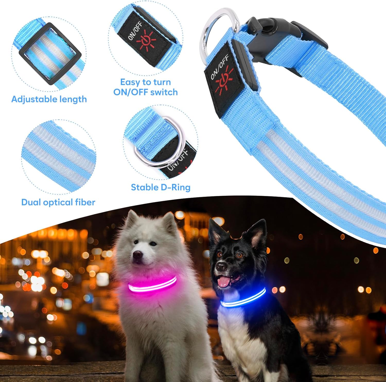 Dolitego Collares de perro iluminados  Collares de perro recargables que brillan en la oscuridad, collar LED ajustable para perro, luces de perro