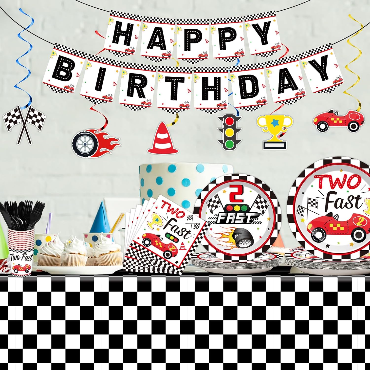Juego de 184 piezas de suministros para fiesta de cumpleaños rápido, incluye platos de coche de carreras, servilletas, mantel, pancarta, kit de