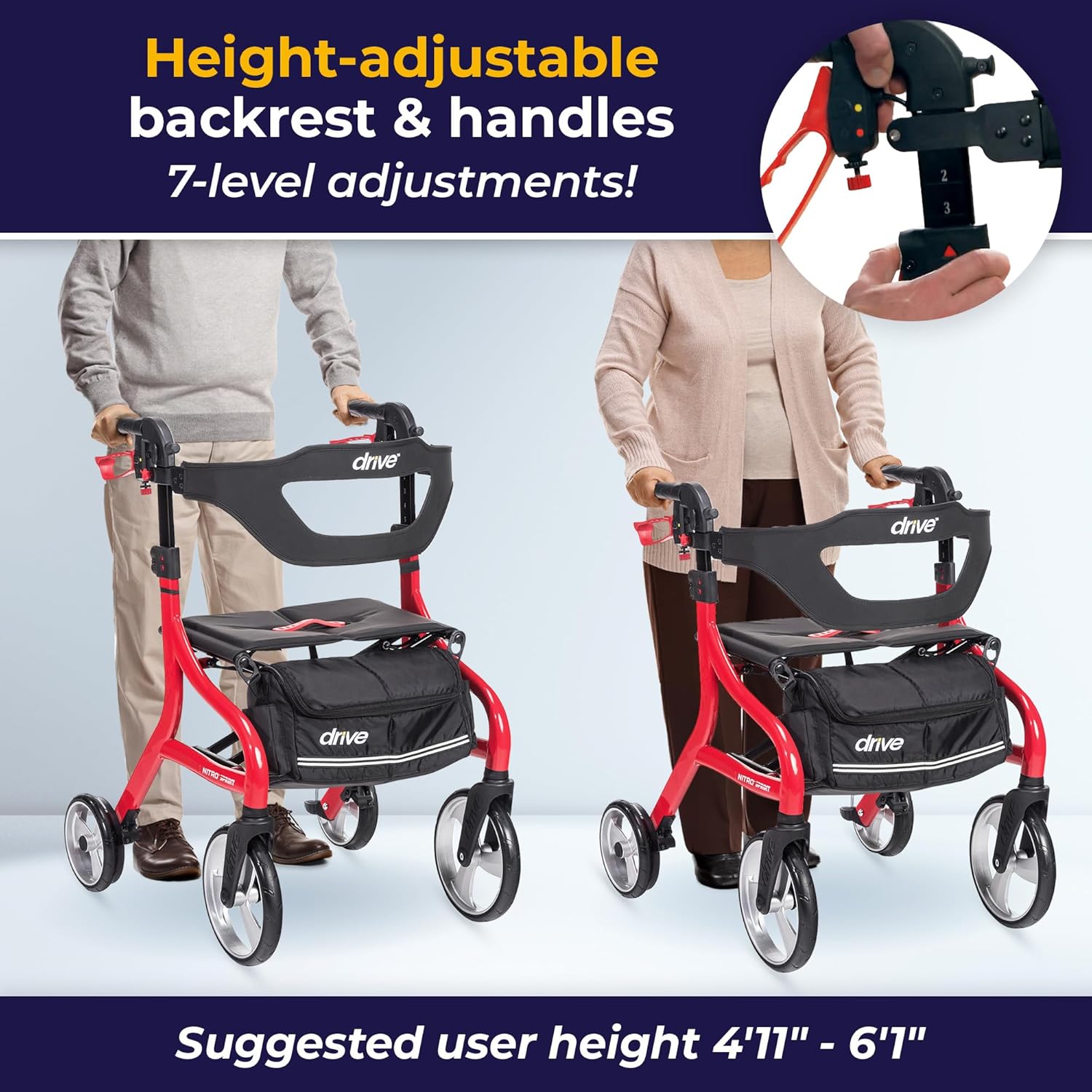 Drive Medical Nitro Sprint – Andador plegable con asiento, ligero, para estatura estándar, con ruedas grandes, plegable, color rojo