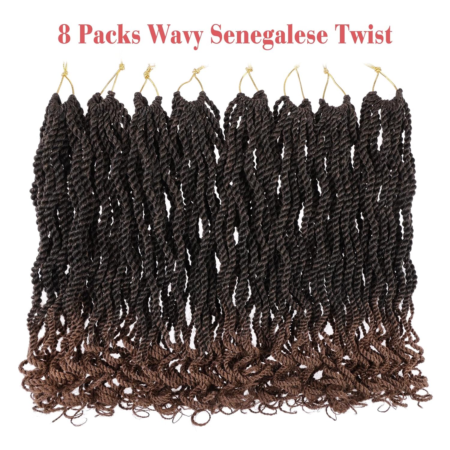 Leeven Pelo de ganchillo senegalés ondulado de 12 pulgadas, 8 paquetes de trenzas de ganchillo cortas color marrón degradado, trenzas de ganchillo