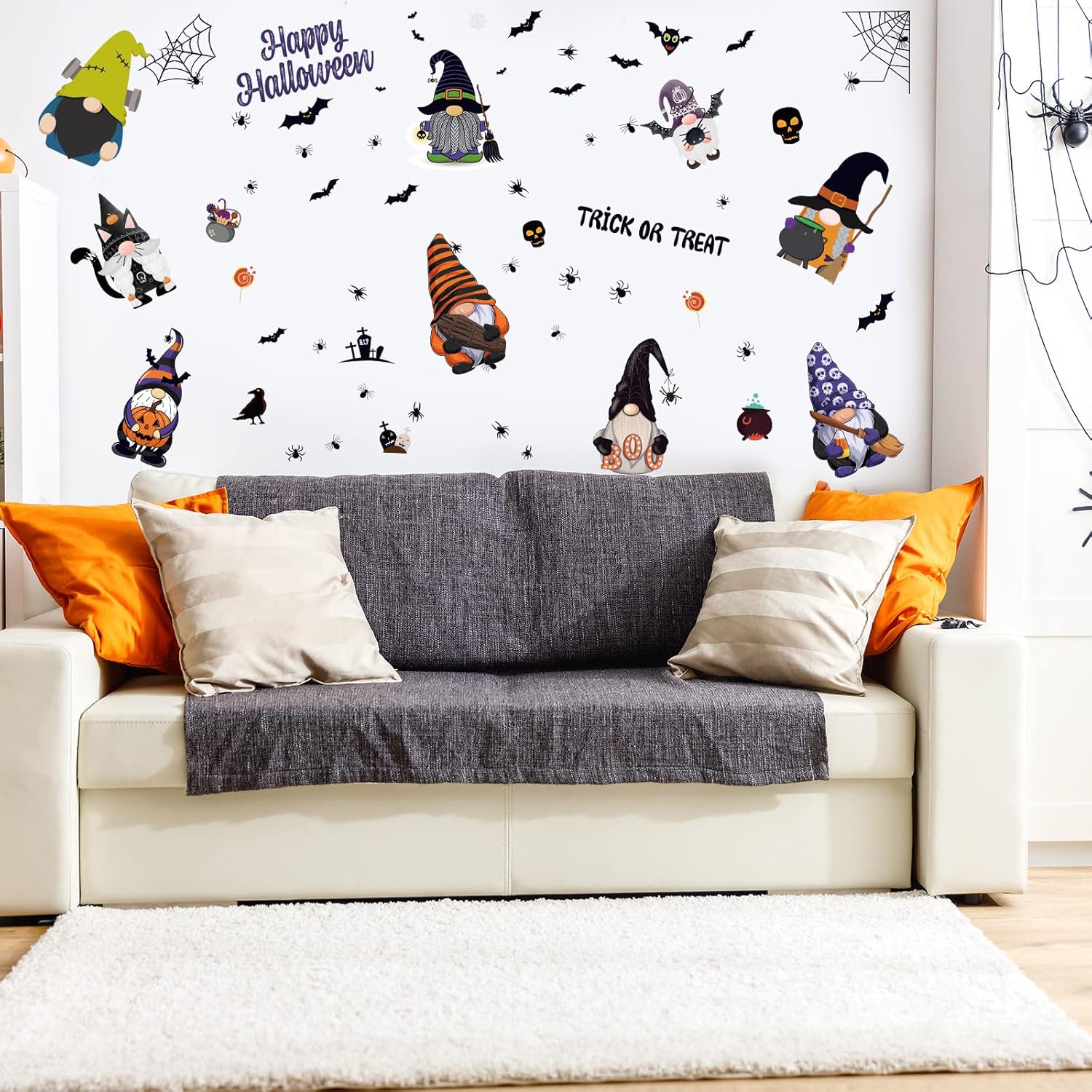 9 hojas de calcomanías de pared de gnomo de Halloween, calcomanías de pared de gnomo, para ventana, murciélago, elfo, enano, sin rostro, para