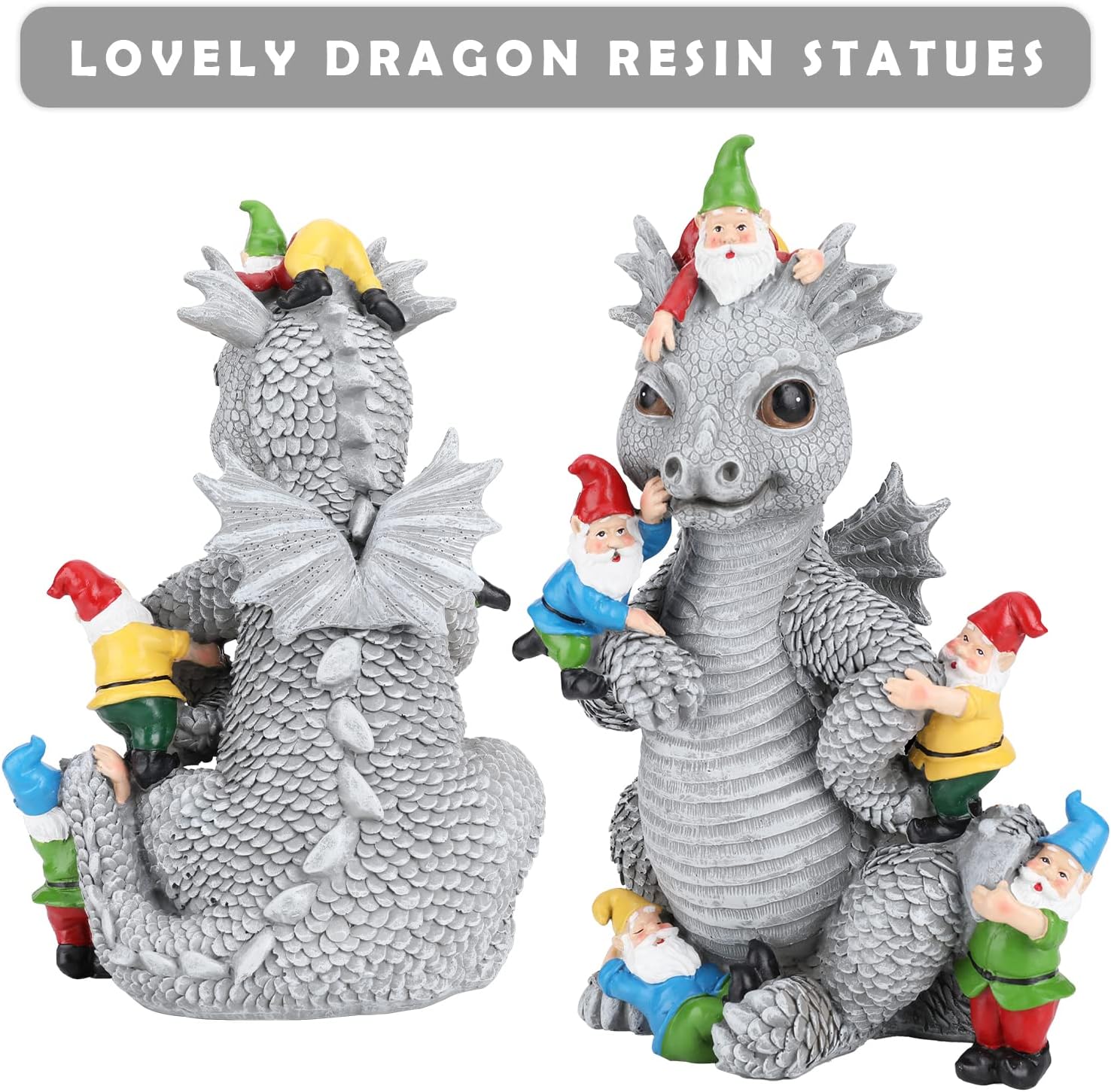 Estatuas de gnomo de dragón para decoración al aire libre, juego de dinosaurios de 13 pulgadas con gnomos, estatua de jardín para decoración de
