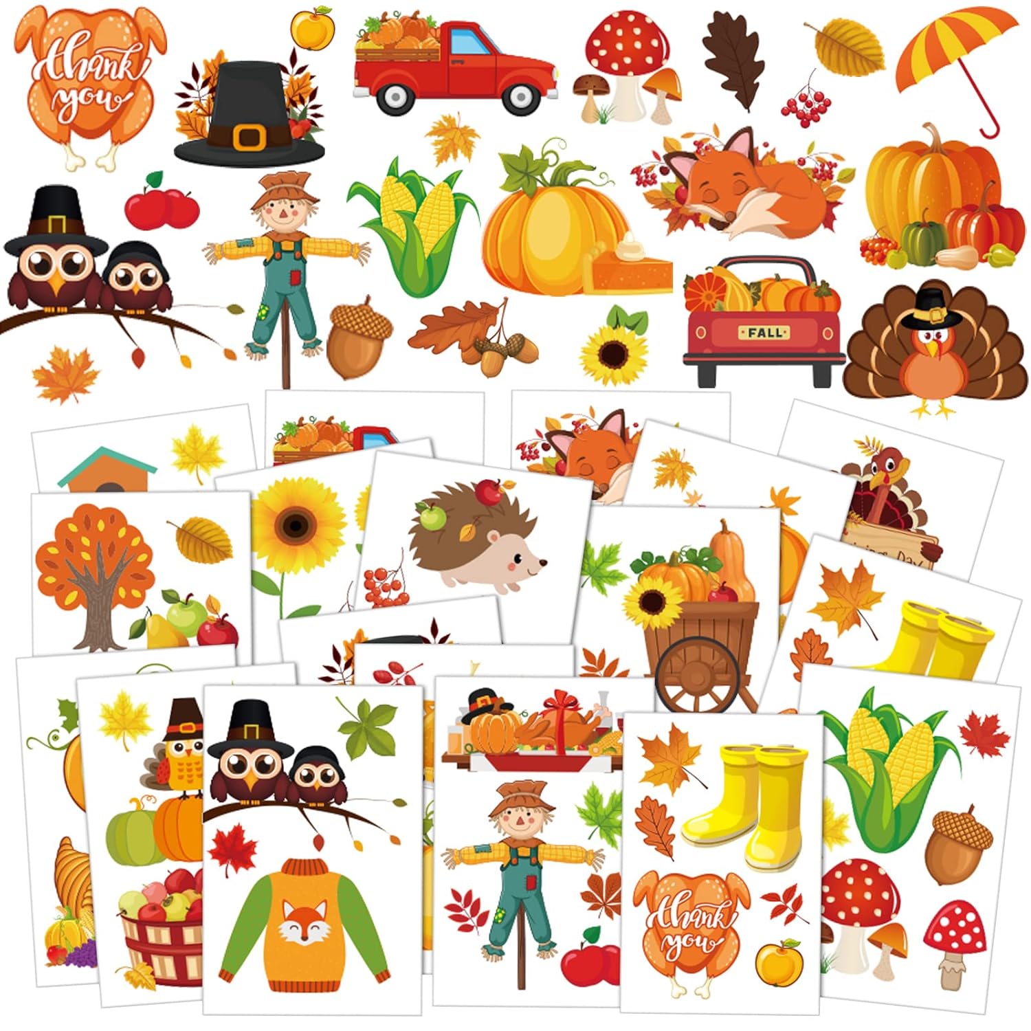Ferraycle 292 tatuajes temporales de otoño para niños, tatuajes falsos de Acción de Gracias, tatuajes de otoño para niños, calabaza, pavo, arce,