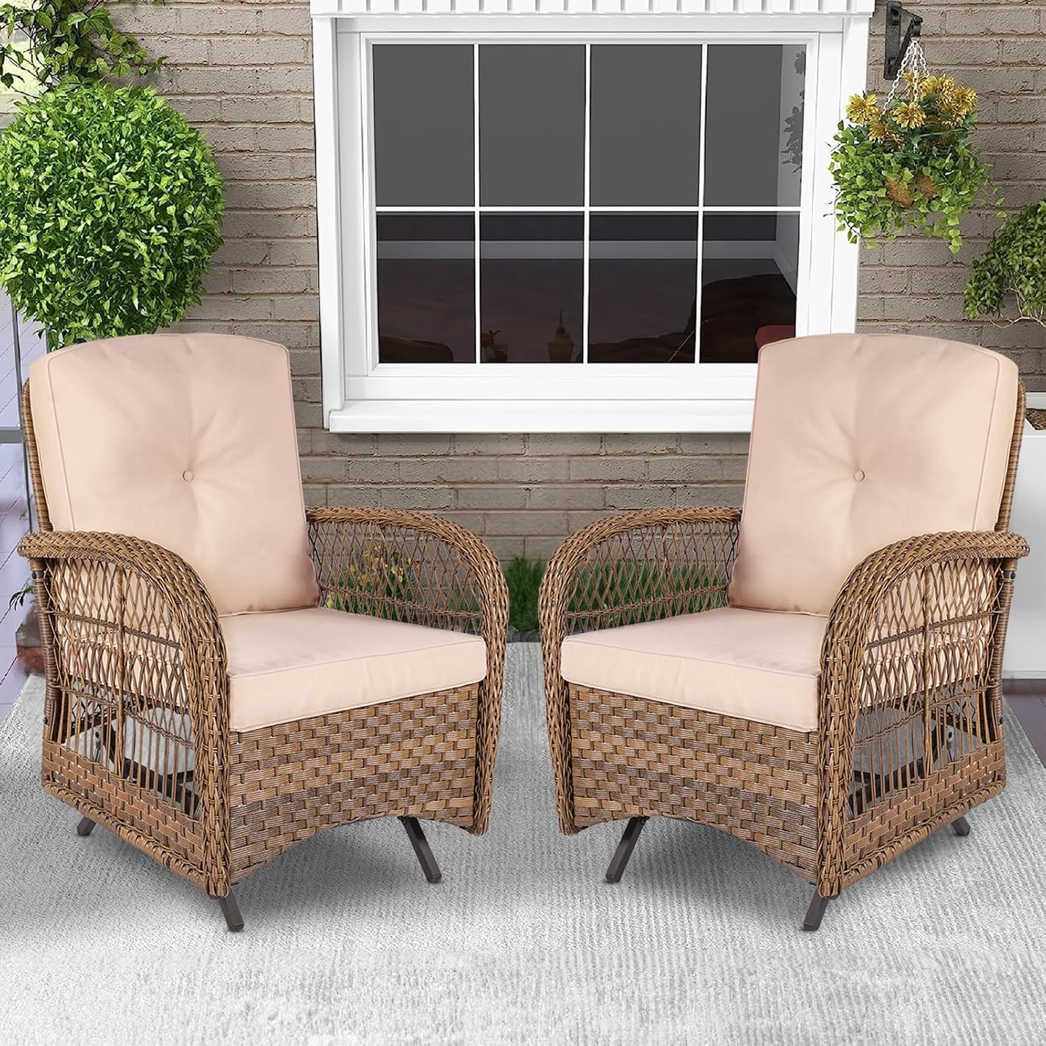 Sillas mecedoras de ratán para exteriores, juego de 2 sillas de patio bistró con cojines gruesos, muebles para todo tipo de clima, juego de