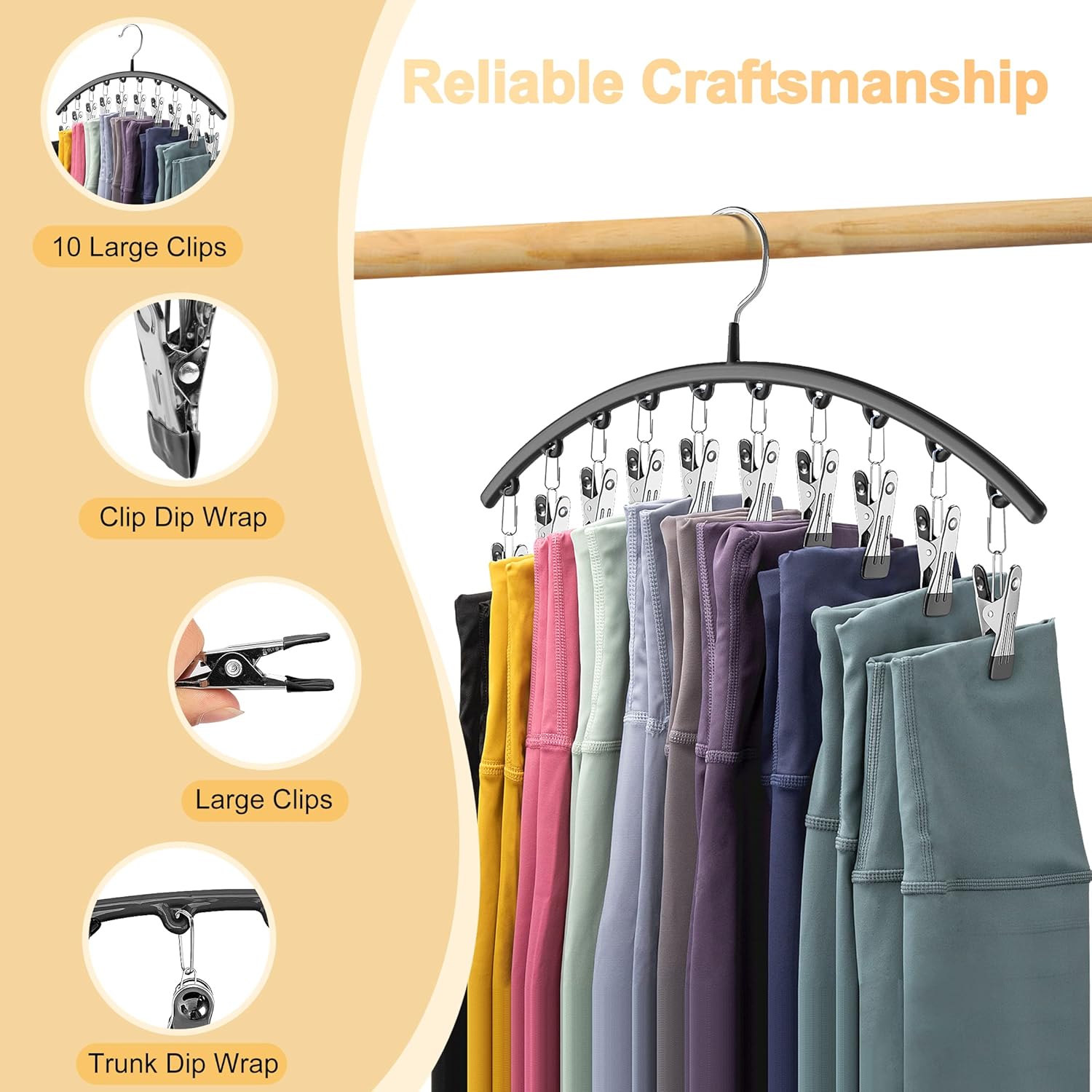 Volnamal Organizador de leggings para armario, perchas de metal para pantalones de yoga, 1 paquete con 10 clips con capacidad para 10 leggings,