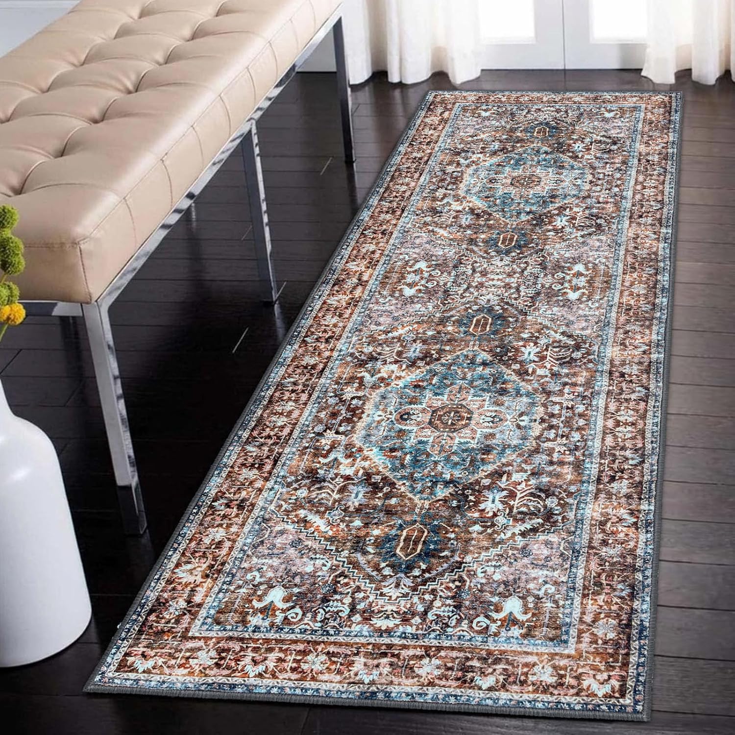 KOZYFLY Alfombra de pasillo de 2 x 6 pies, lavable, antideslizante, alfombra de pasillo de cocina, color marrón, alfombra de noche, alfombra de