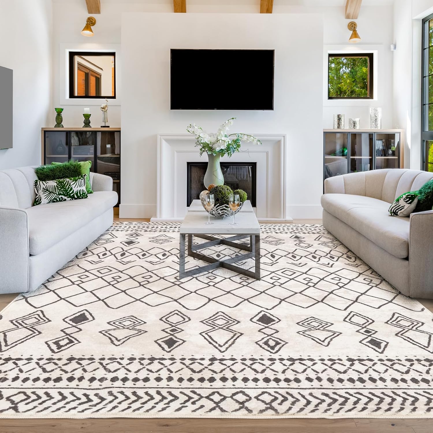 Alfombra lavable de gran tamaño de 8 x 10 pies para sala de estar, antideslizante, bohemio, marroquí, para dormitorio, interior, casa de campo,