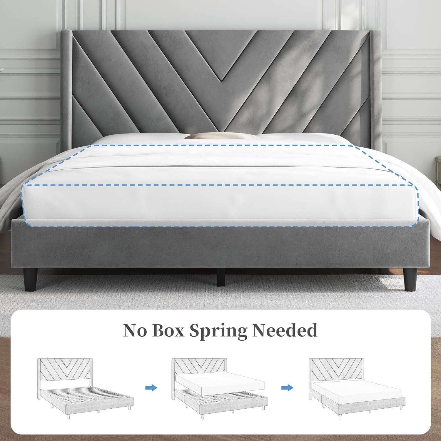 Yaheetech Base de cama Queen con plataforma tapizada con lado de alasoporte de listones de maderacabecera capitonada con lado de alabase de